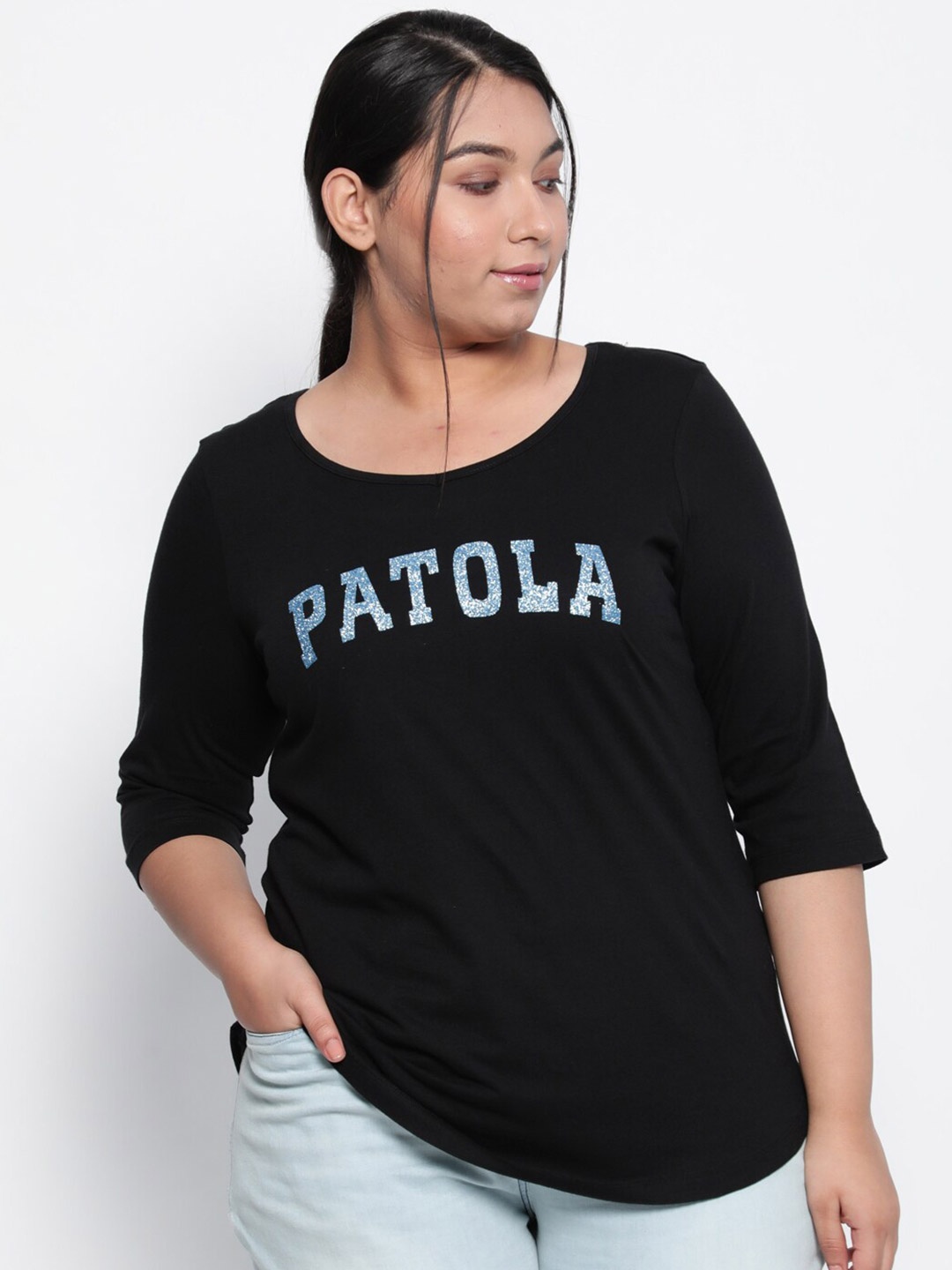 

Amydus Women Plus Size Black Typography Printed Cotton T-shirt