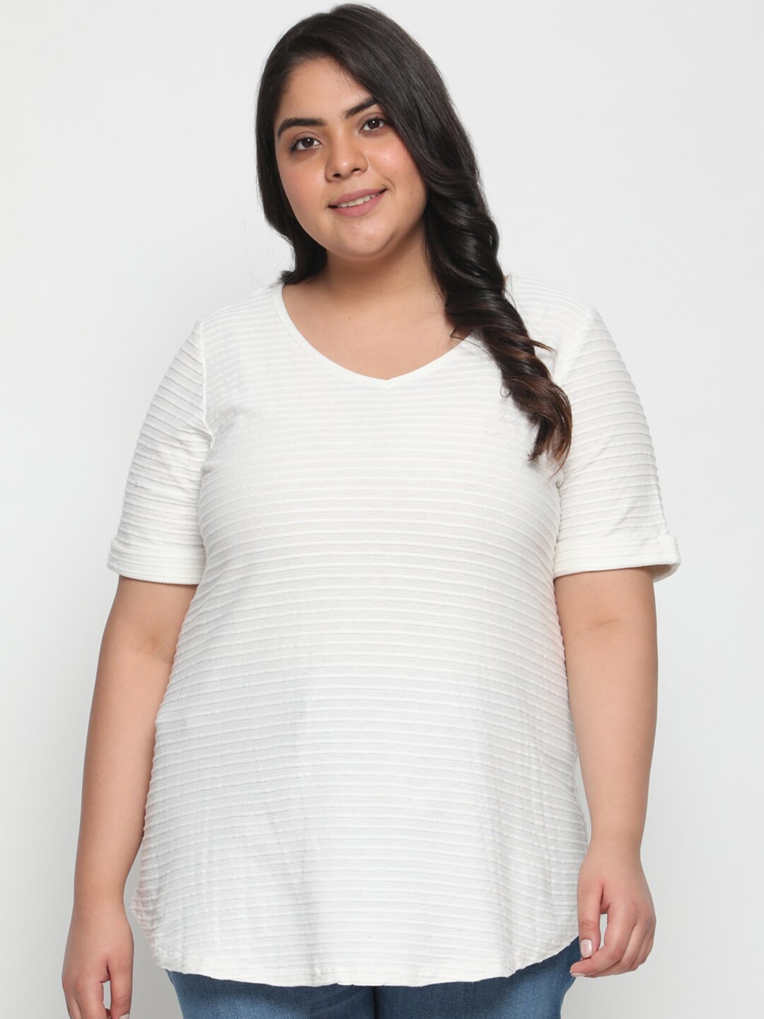 

Amydus Women Plus Size White Striped V-Neck Cotton T-shirt