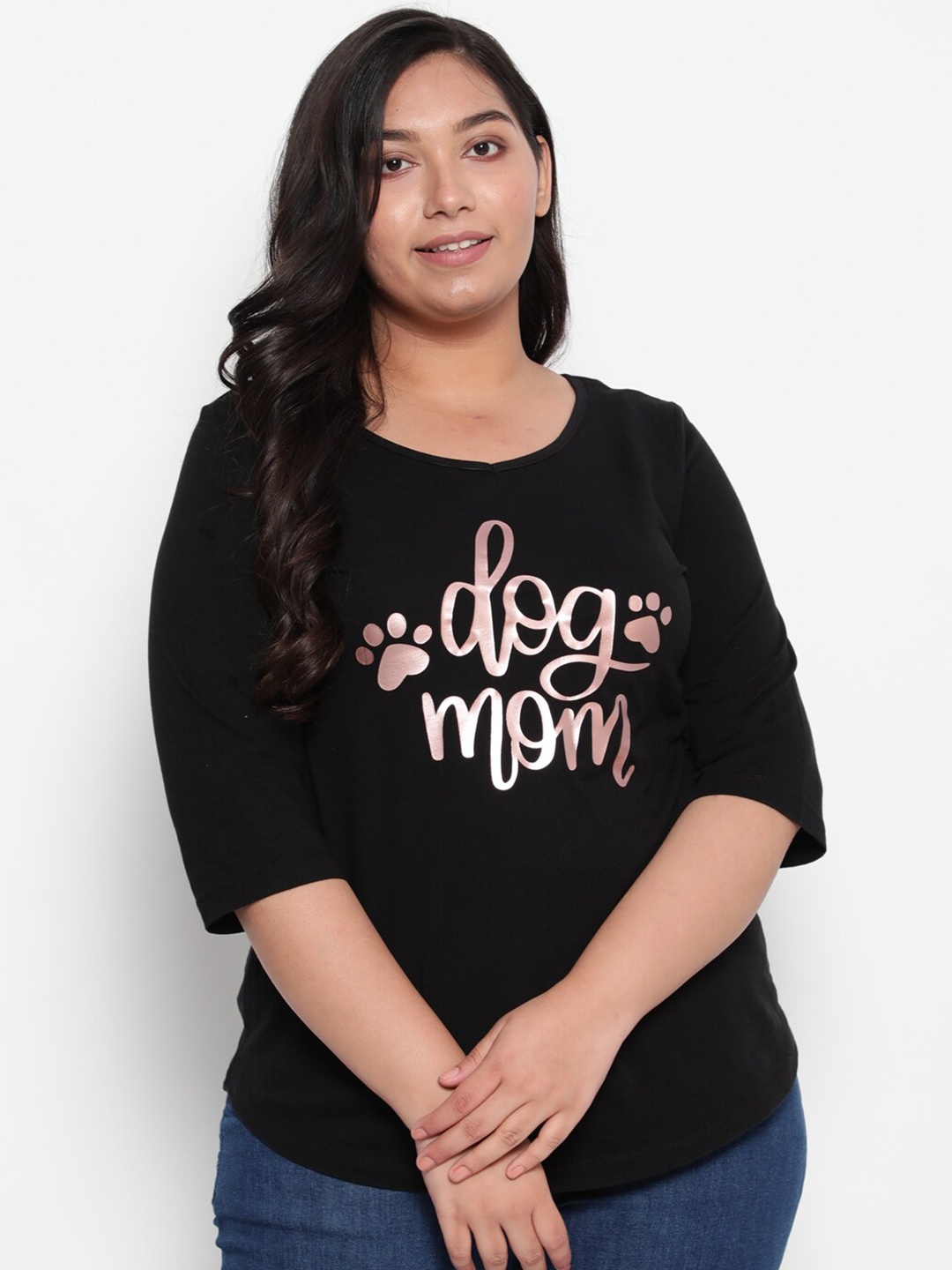 

Amydus Women Plus Size Black & Pink Typography Printed V-Neck Cotton T-shirt