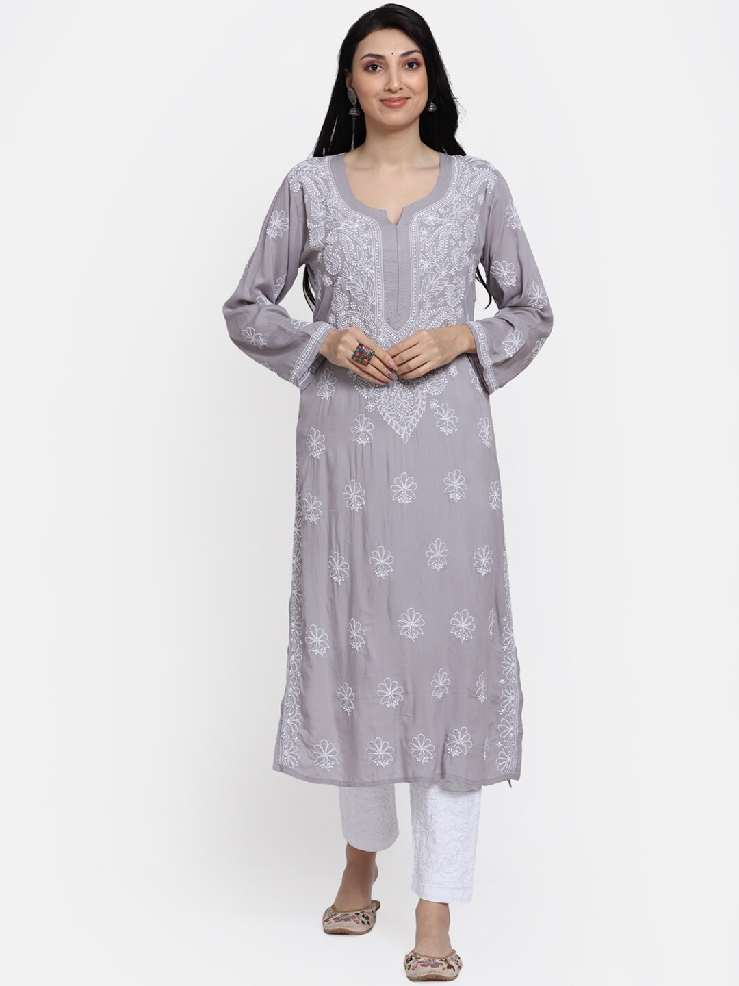 

PARAMOUNT CHIKAN Women Grey Ethnic Motifs Embroidered Chikankari Kurta