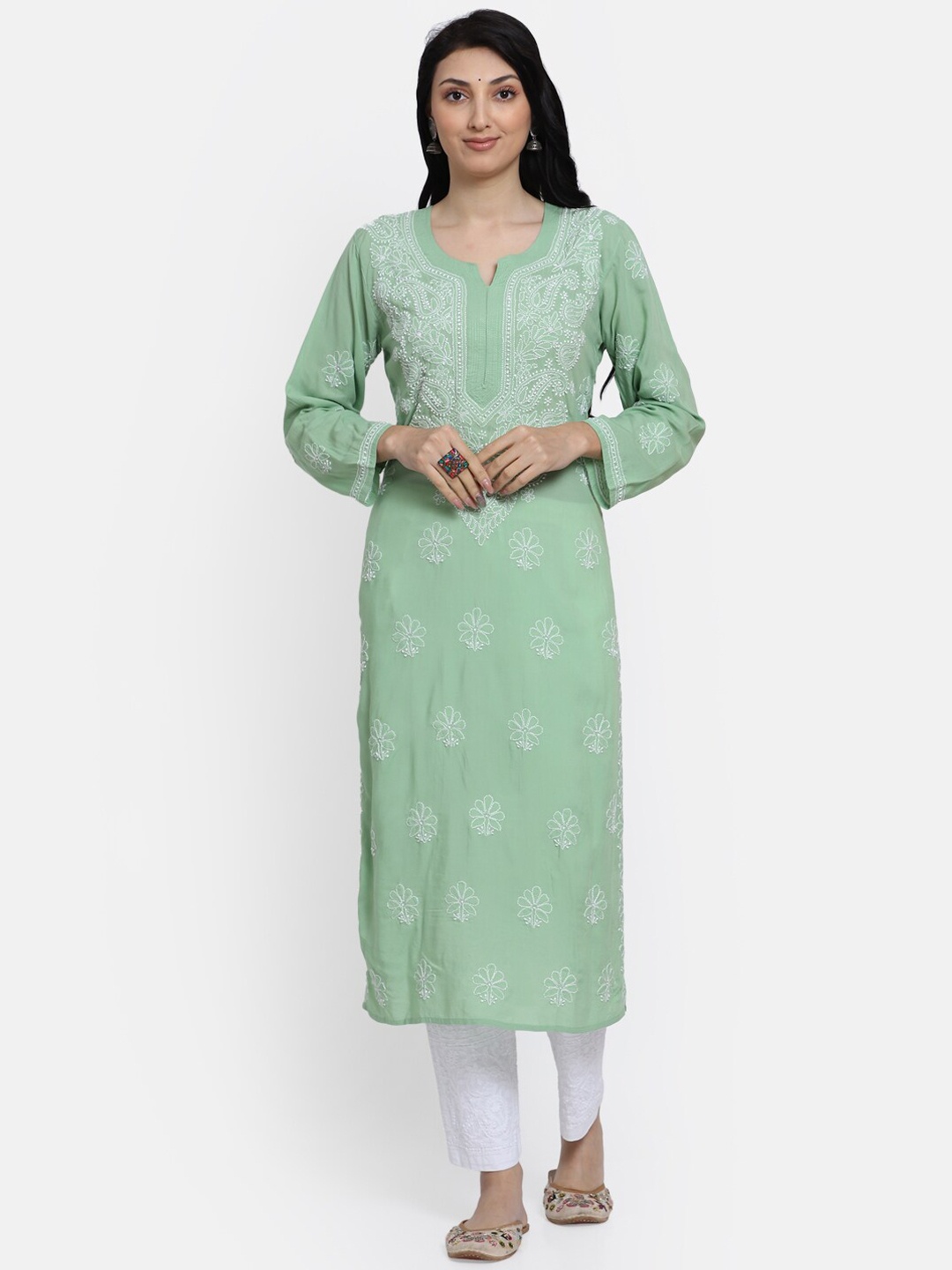 

PARAMOUNT CHIKAN Women Green Ethnic Motifs Embroidered Chikankari Kurta