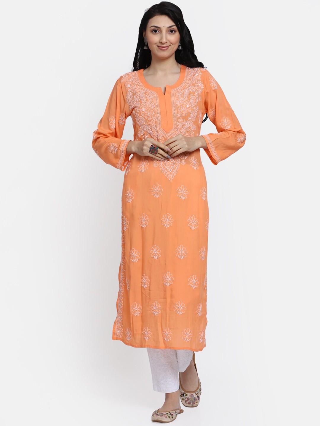

PARAMOUNT CHIKAN Women Orange & White Ethnic Motifs Embroidered Chikankari Kurta
