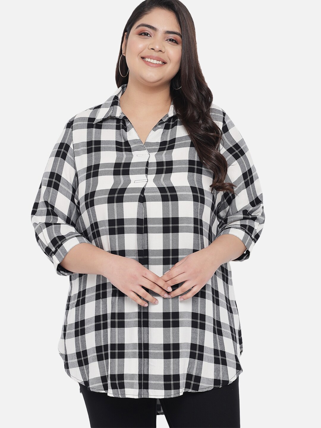 

Amydus Women Plus Size Black & White Checked Shirt Style Longline Top