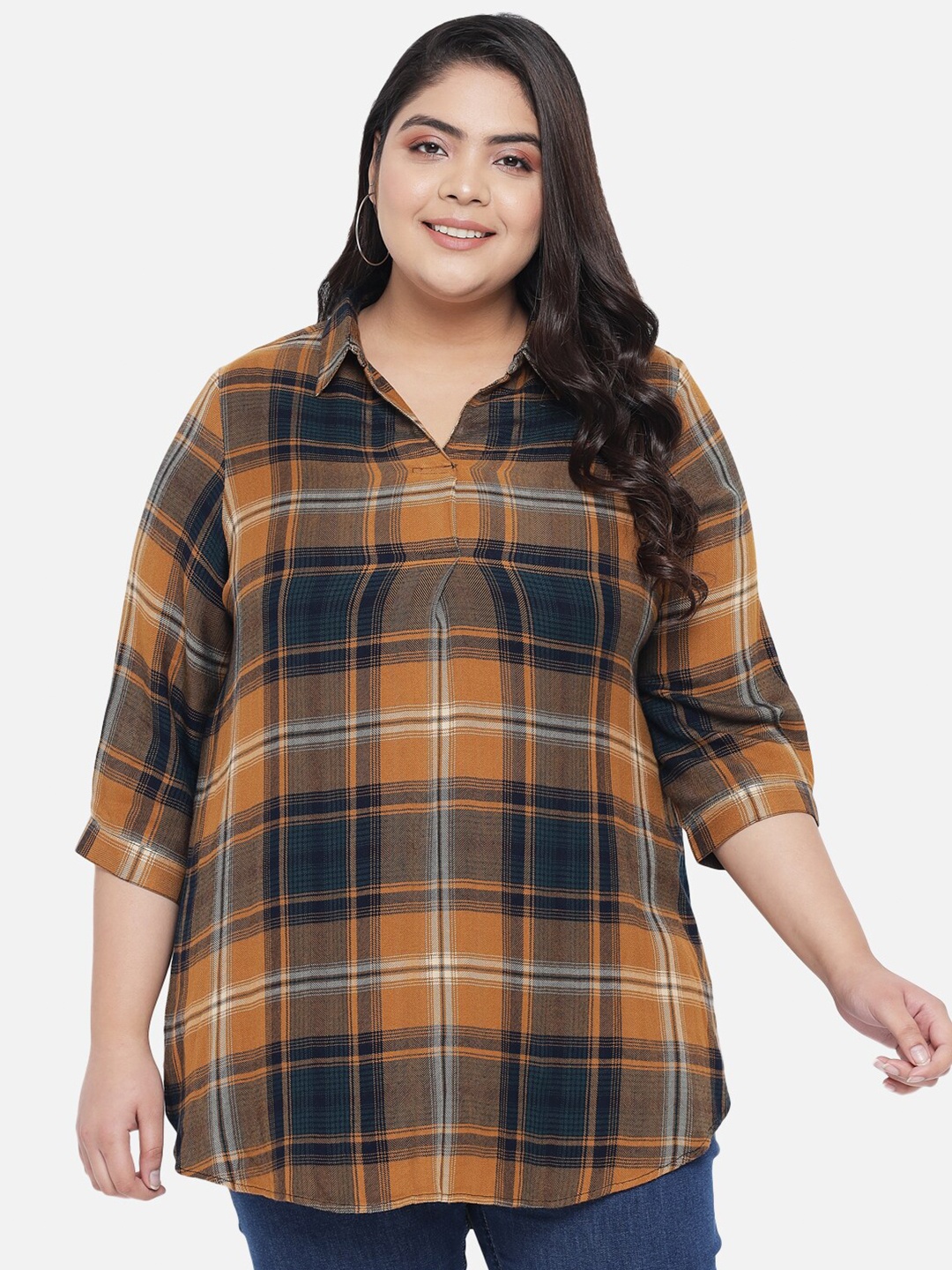 

Amydus Plus Size Yellow Checked Shirt Style Top