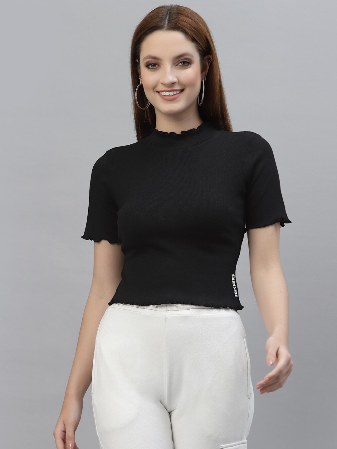 

Friskers Black Cotton Rib High neck Crop Top