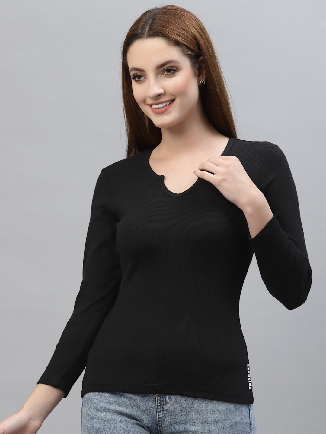 

Friskers Black Cotton Rib V-Neck Regular Top