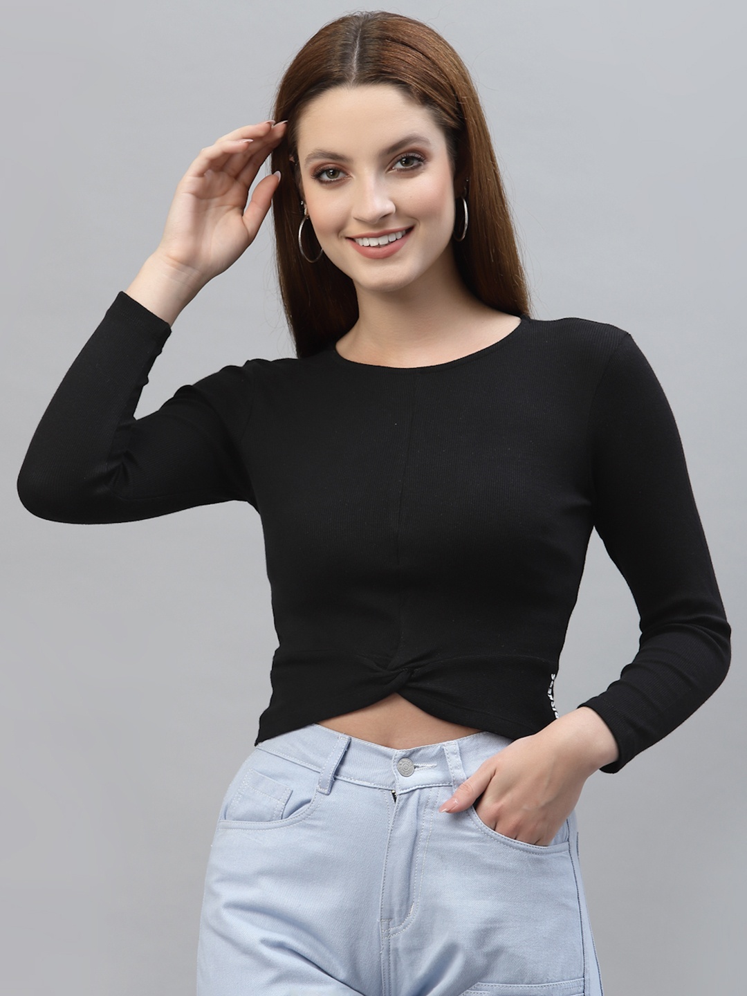 

Friskers Black Cotton Rib Round Neck Knot Top