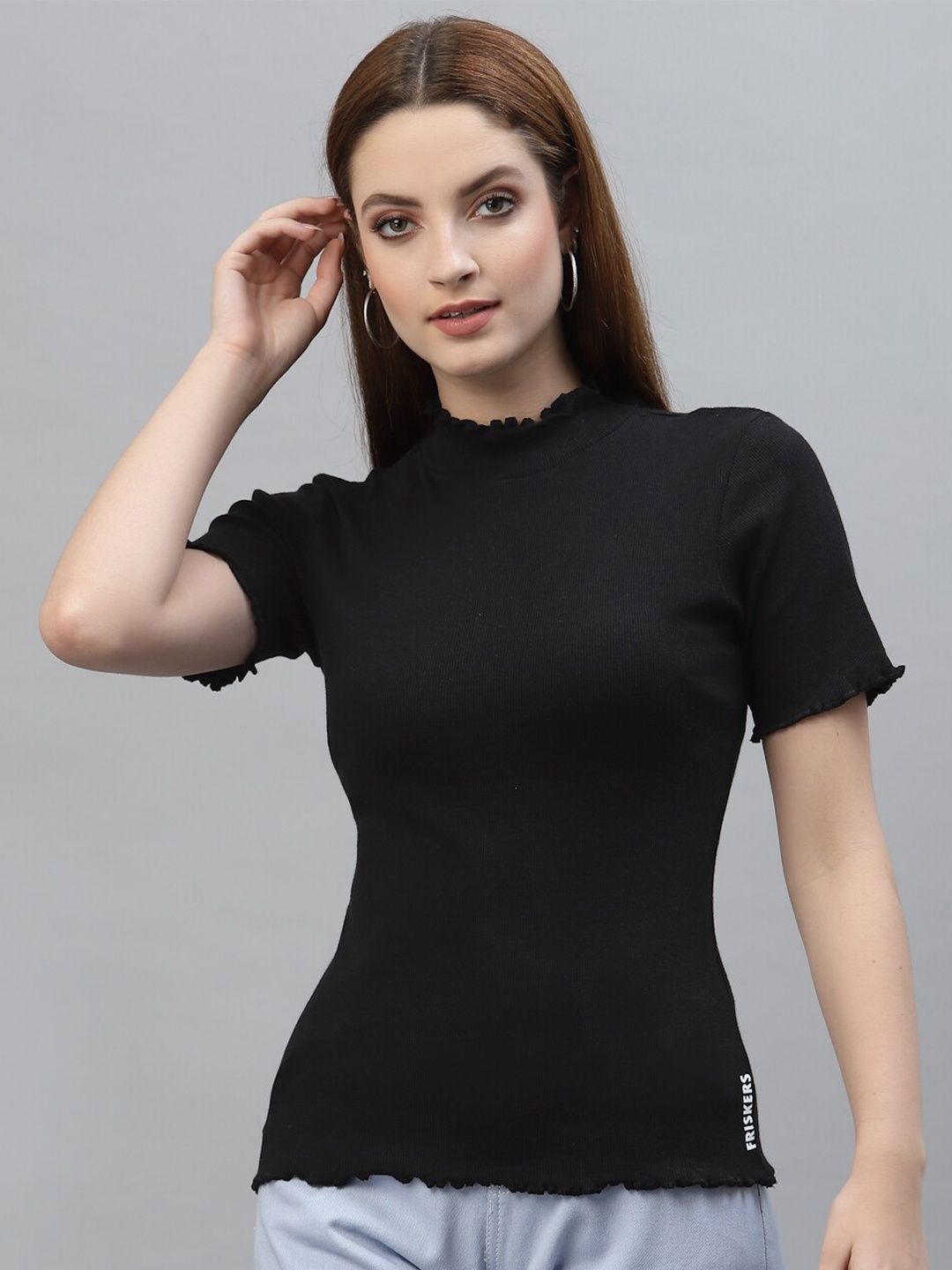 

Friskers Women Black Solid Fitted Top