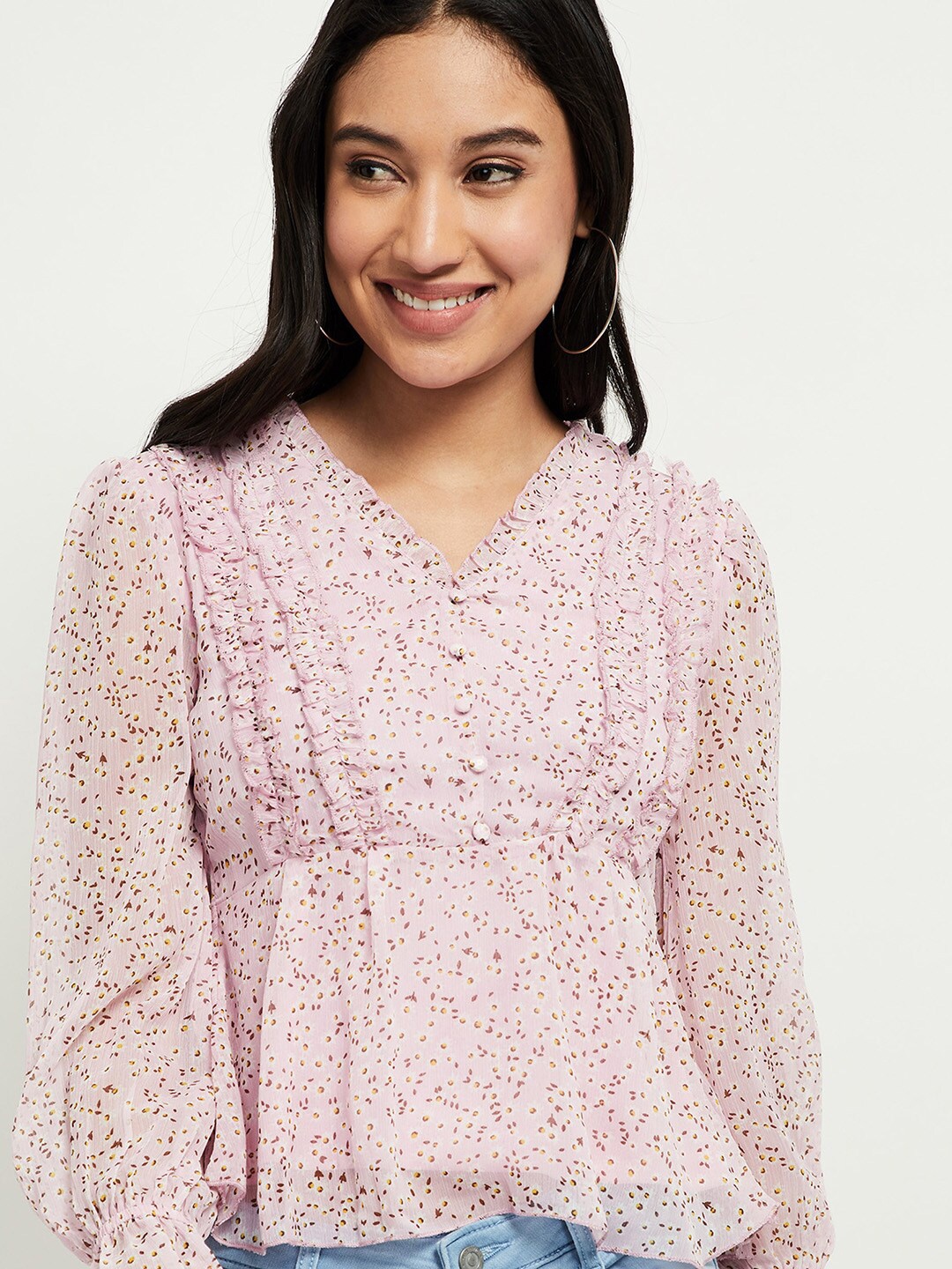 

max Women Purple Floral Print Cinched Waist Top