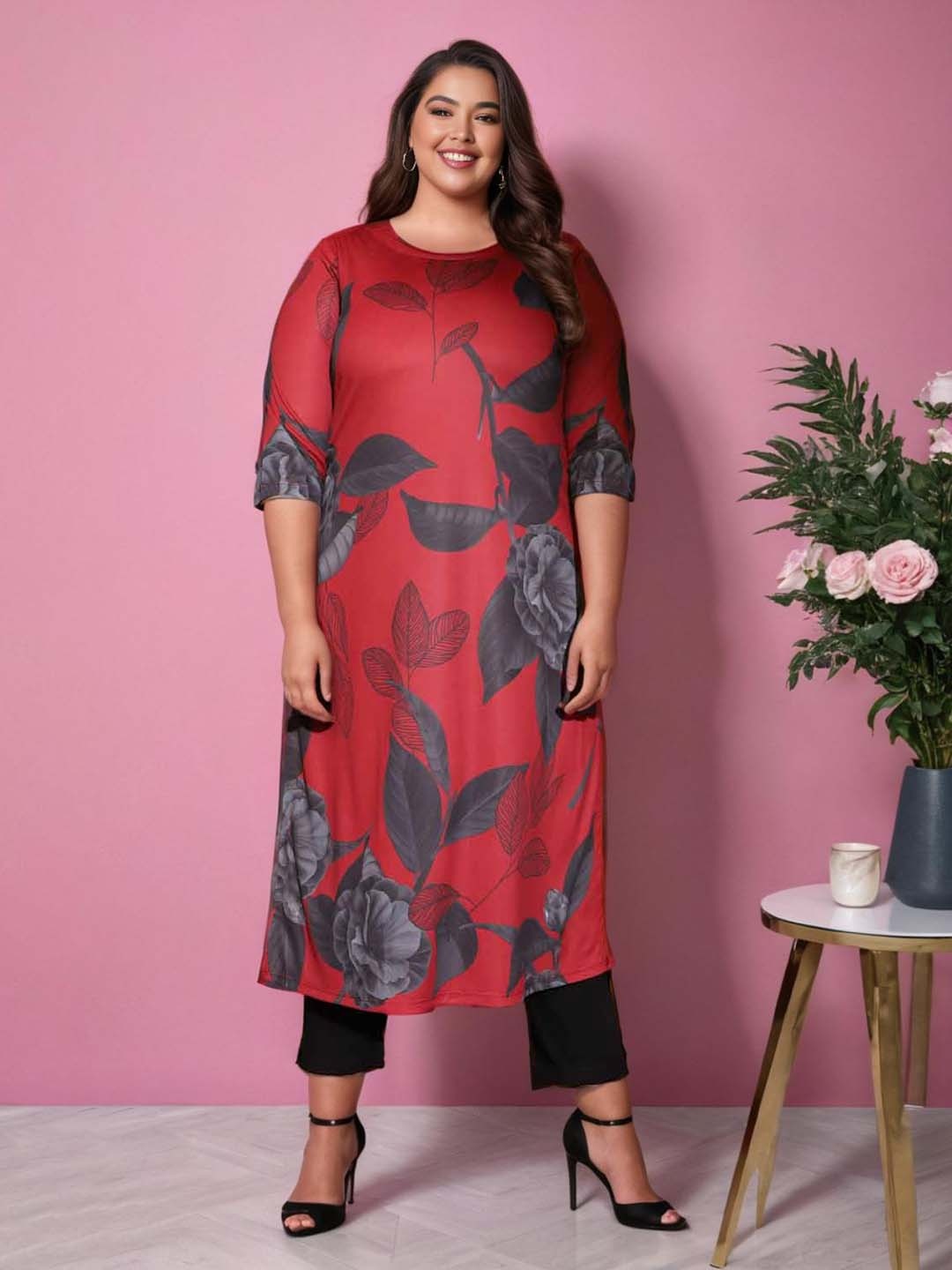 Amydus Women Plus Size Red & Grey Floral Printed Floral Kurta