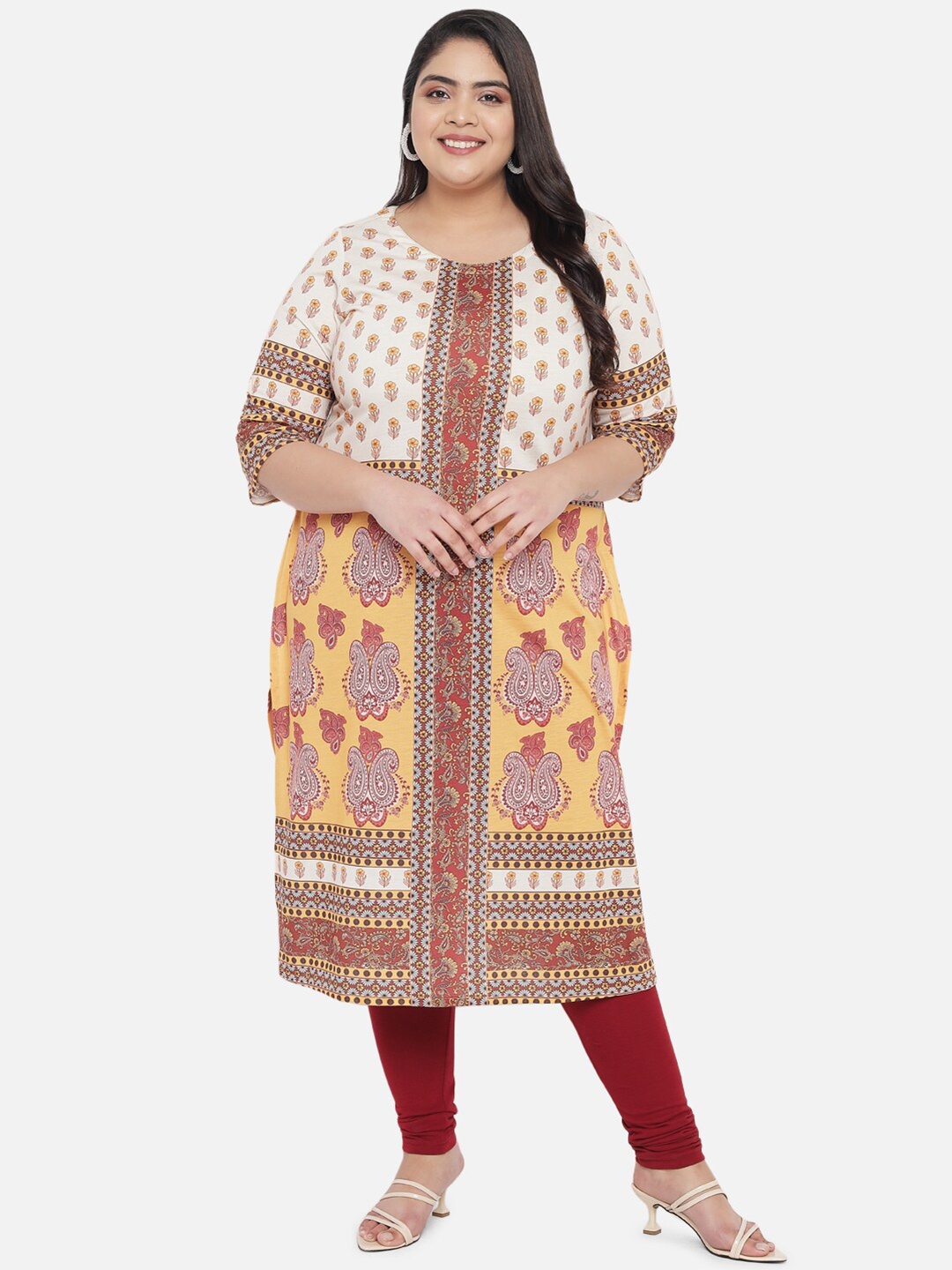 

Amydus Women Plus Size Yellow & Maroon Ethnic Motifs Printed Floral Kurta