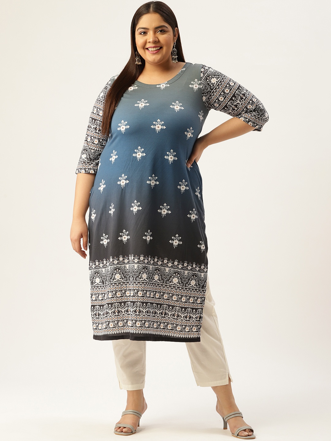 

Amydus Women Blue & Grey Ethnic Motifs Printed Plus Size Straight Kurta