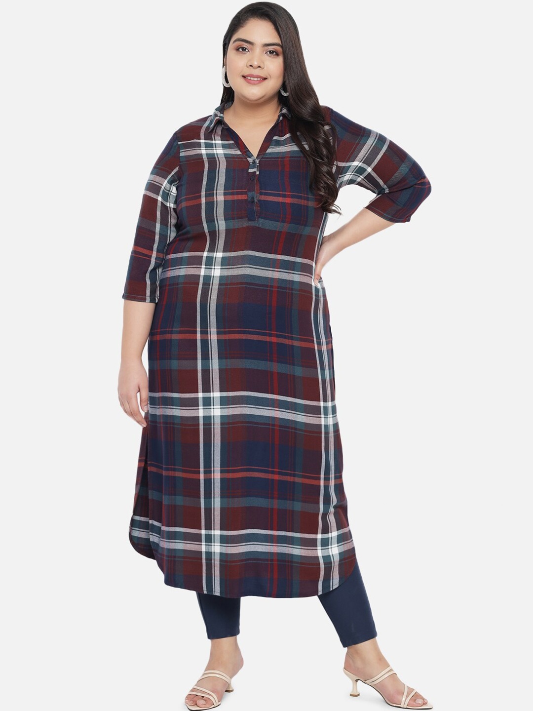 

Amydus Women Plus Size Maroon & Navy Blue Checked Kurta