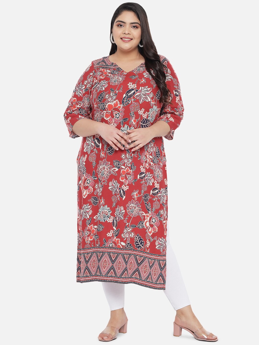 

Amydus Women Plus Size Red Floral Printed Cotton Kurta