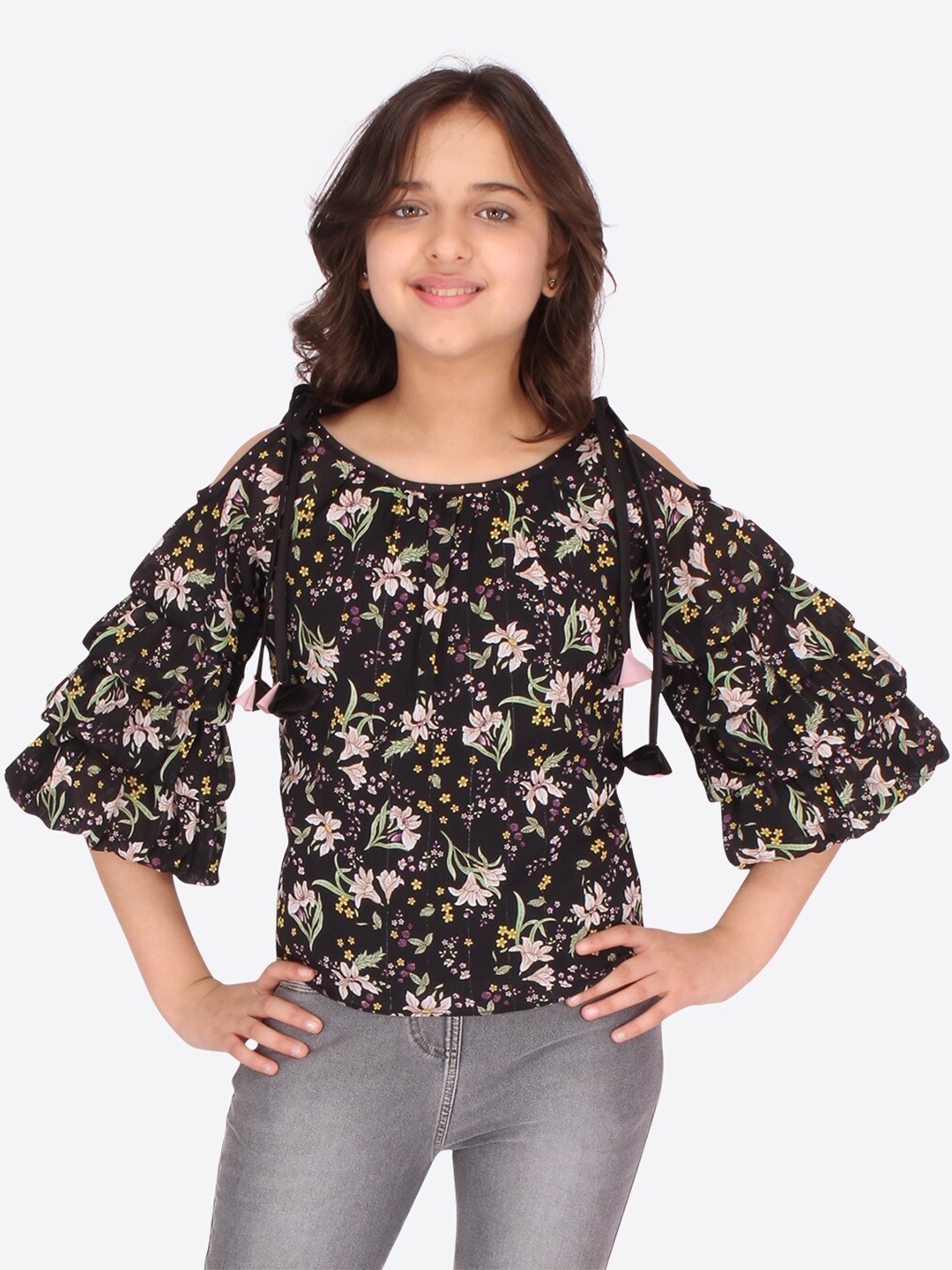 

CUTECUMBER Girls Black Floral Printed Ruffles Chiffon Top