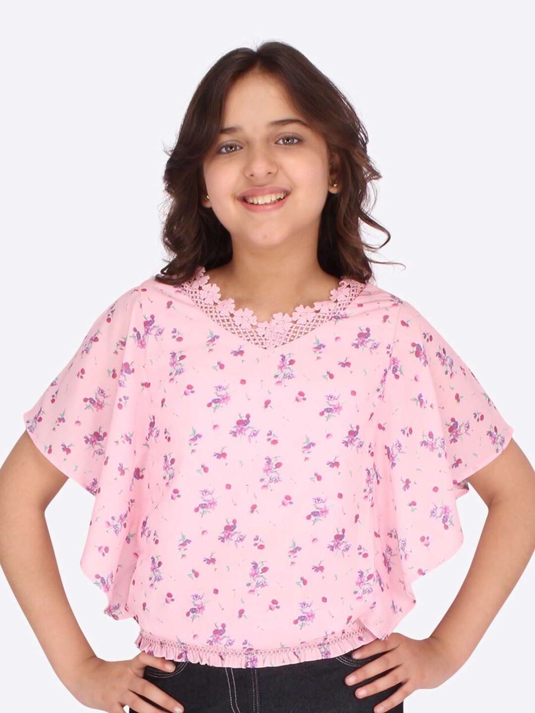 

CUTECUMBER Girls Pink Floral Print Georgette Blouson Top