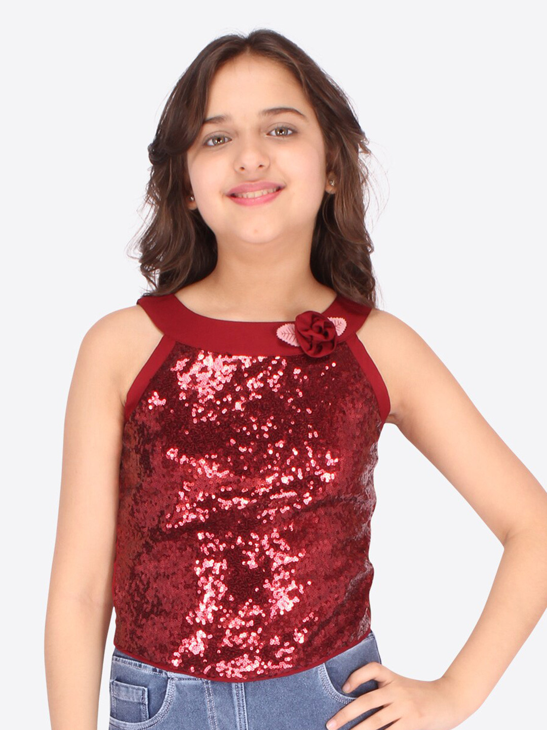 

CUTECUMBER Maroon Sequinned Georgette Top