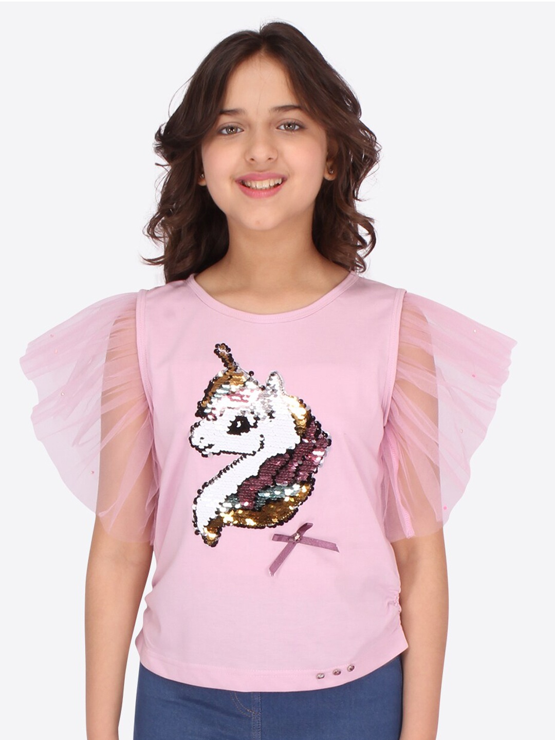

CUTECUMBER Girls Pink & White Embellished Top
