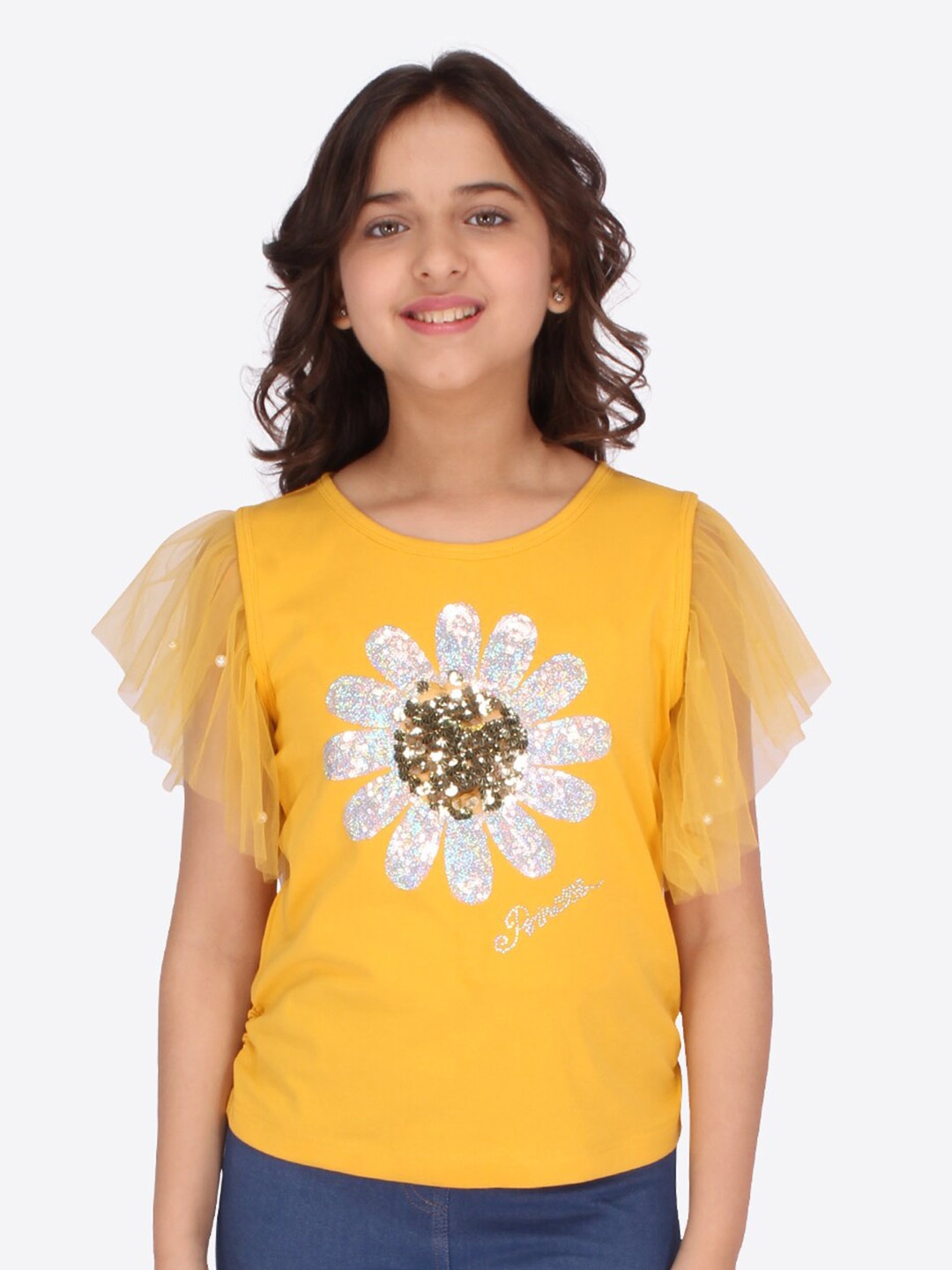 

CUTECUMBER Girls Yellow Floral Print Top