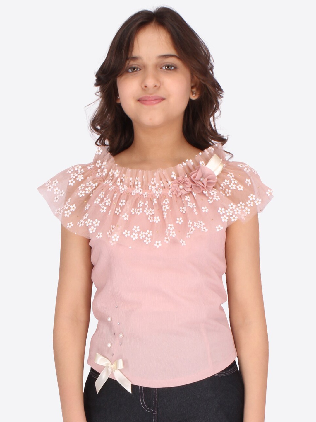

CUTECUMBER Girls Pink Floral Print Ruffles Georgette Top