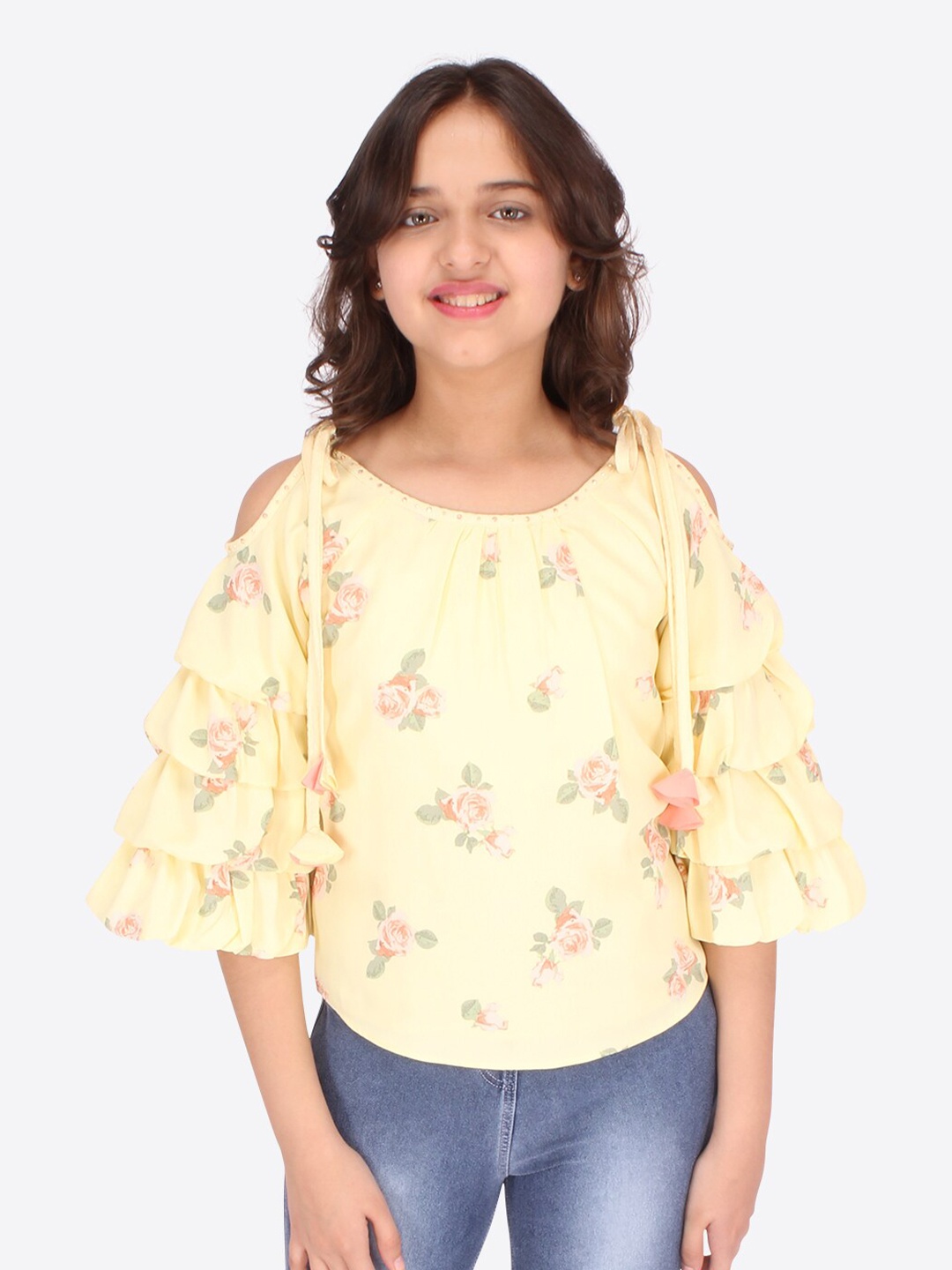 

CUTECUMBER Girls Yellow Floral Printed Ruffles Detailed Top