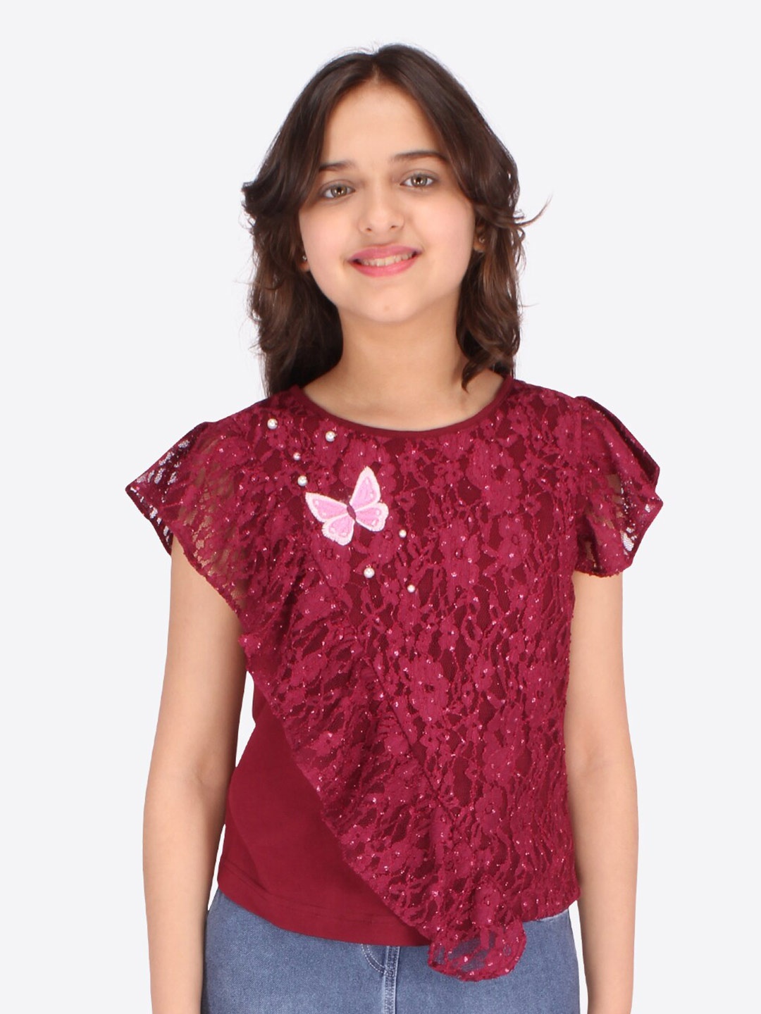 

CUTECUMBER Maroon Self Design Lace Top