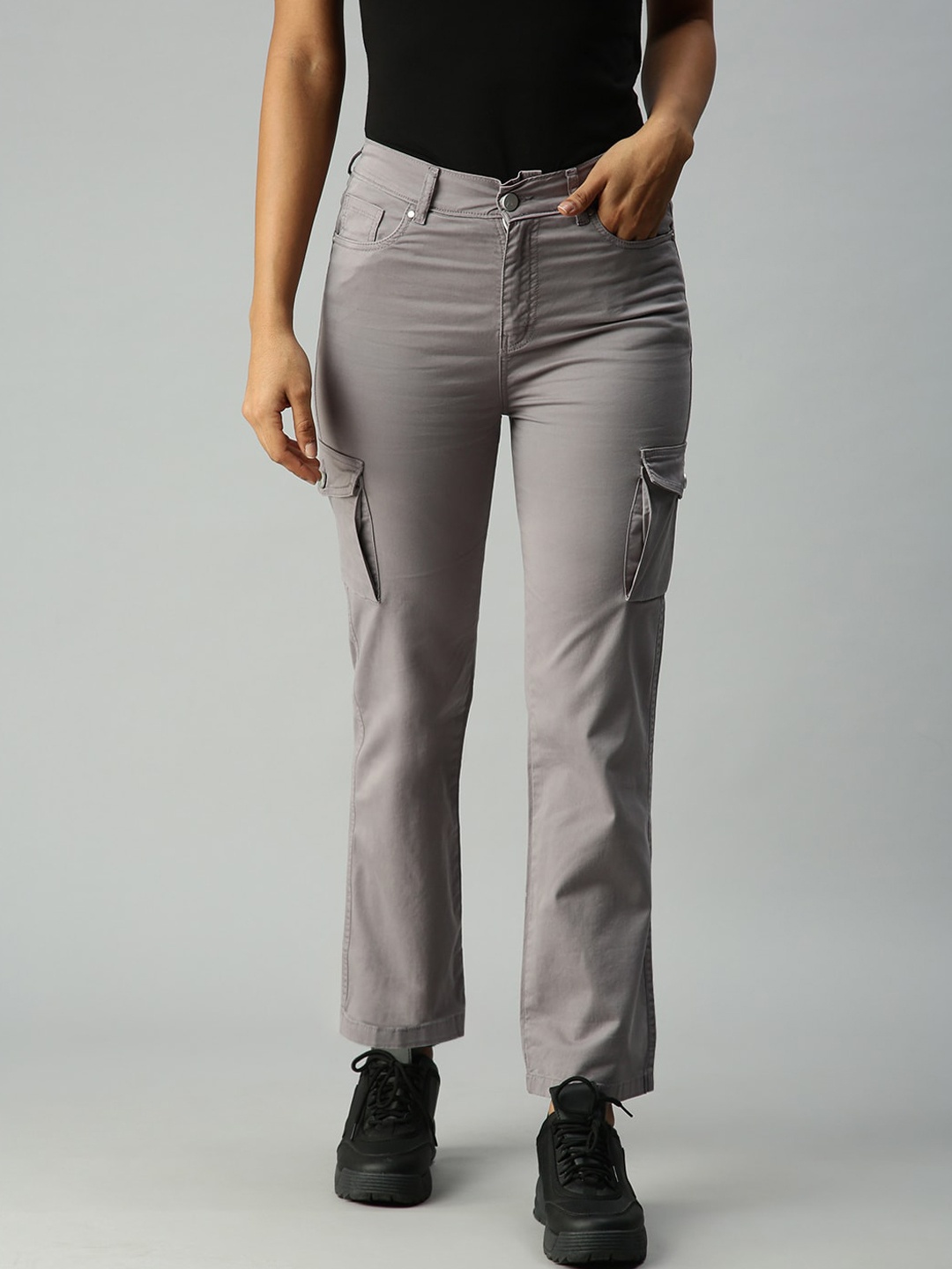 

SHOWOFF Women Grey Straight Fit Low Distress Cropped Jeans