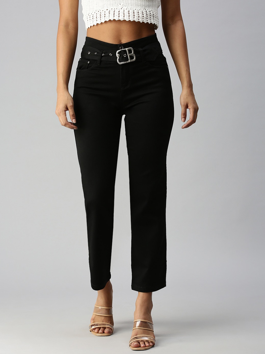 

SHOWOFF Women Black Straight Fit High-Rise Stretchable Jeans