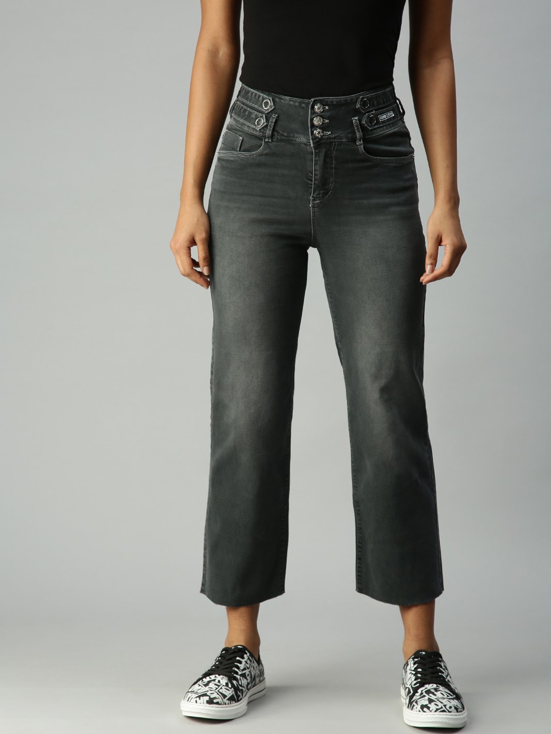 

SHOWOFF Women Grey Wide Leg High-Rise Light Fade Stretchable Jeans