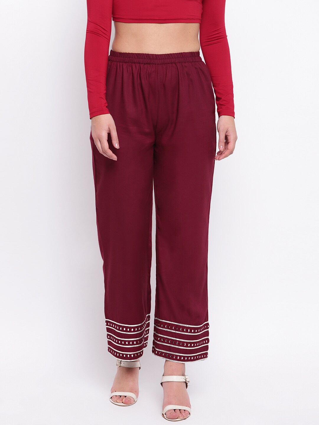 

Jaipur Morni Women Maroon & White Straight Fit Hem Design Palazzos