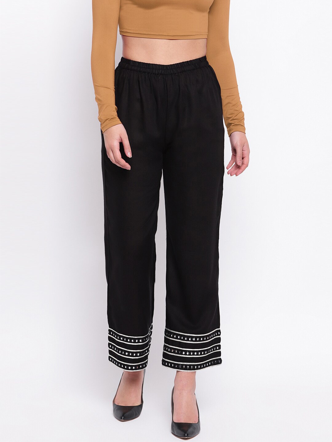 

Jaipur Morni Women Black Mirror Lace Hem Design Palazzos