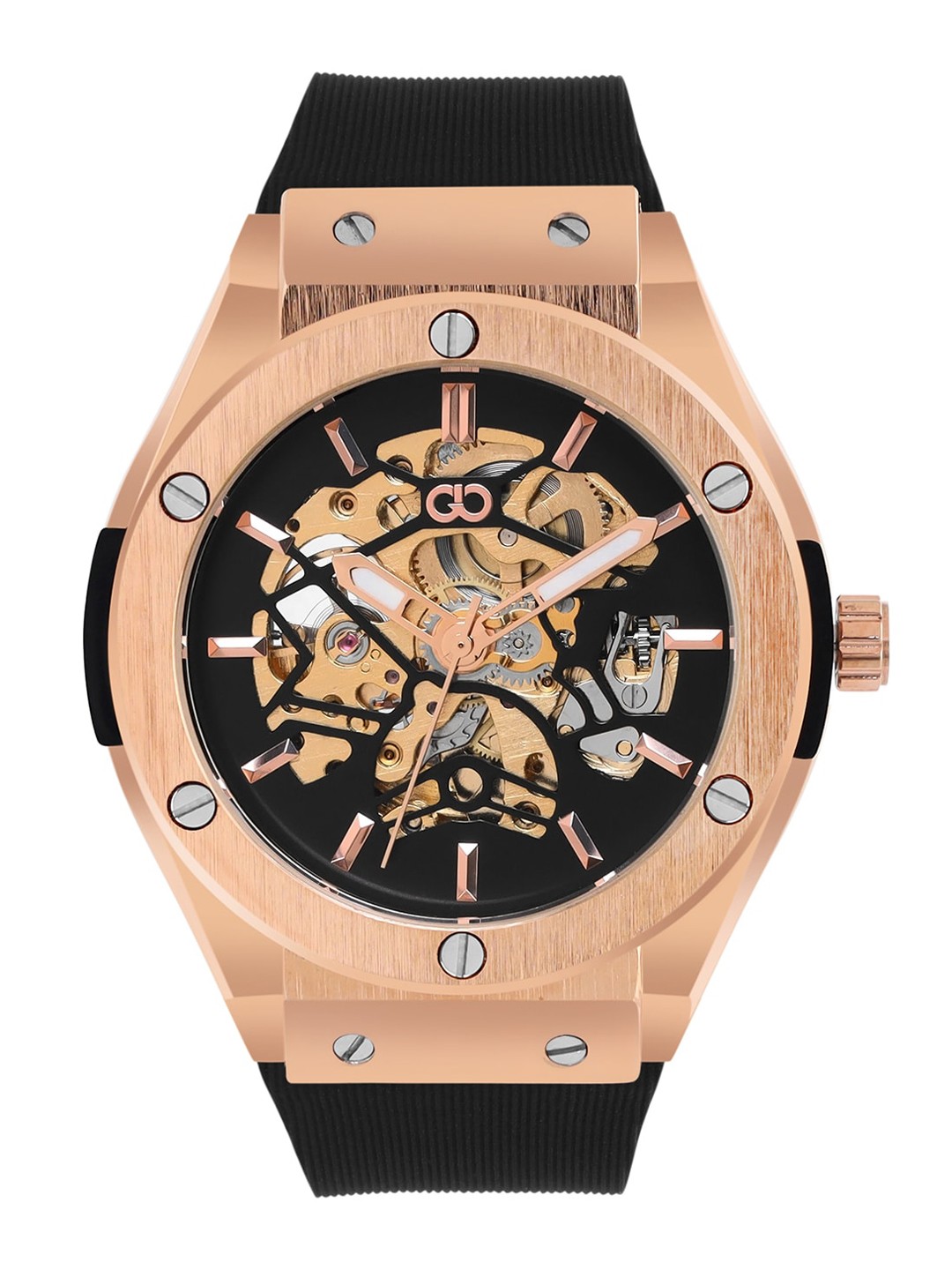 

GIO COLLECTION Men Rose Gold-Toned Skeleton Dial & Black Straps Analogue Automatic Motion Powered Watch