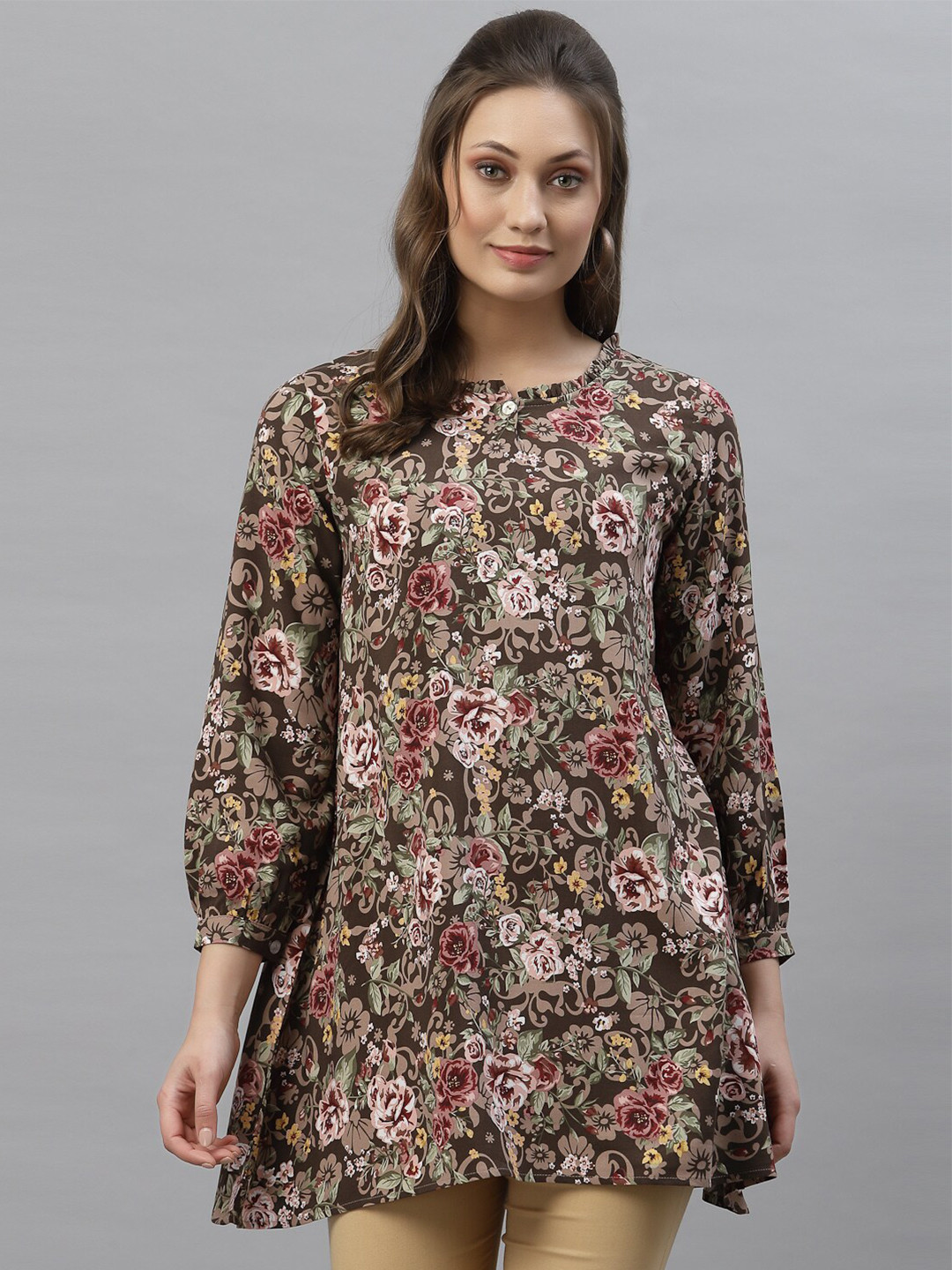 

Mode by Red Tape Brown & Olive Green Floral Printed Tunic