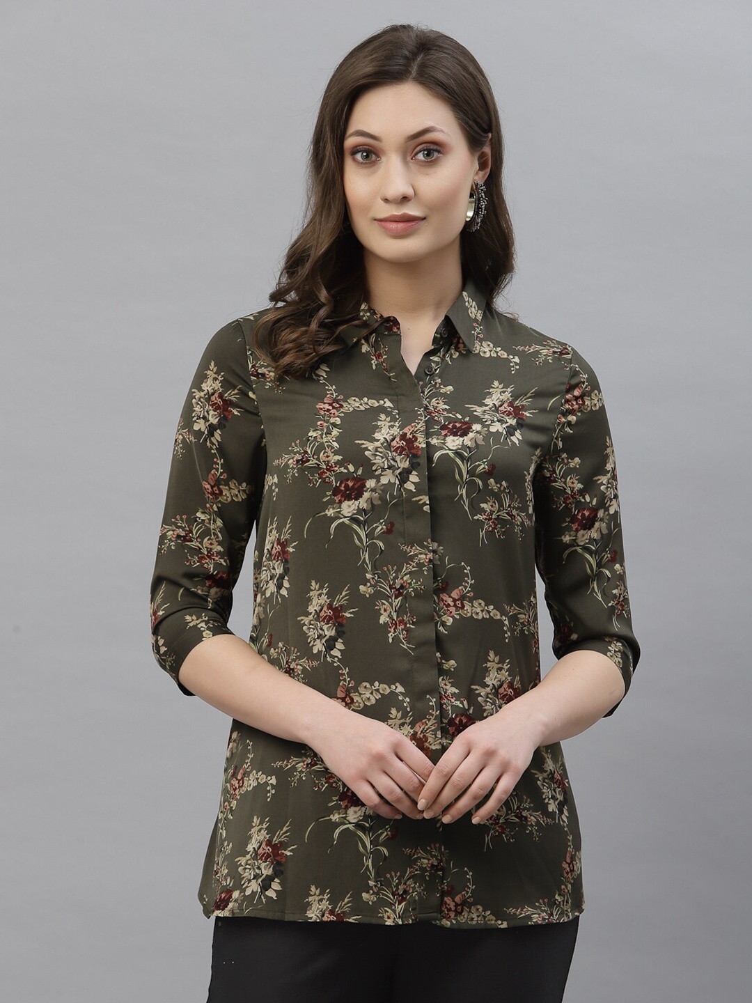 

Mode by Red Tape Olive Green & Beige Floral Printed Tunic