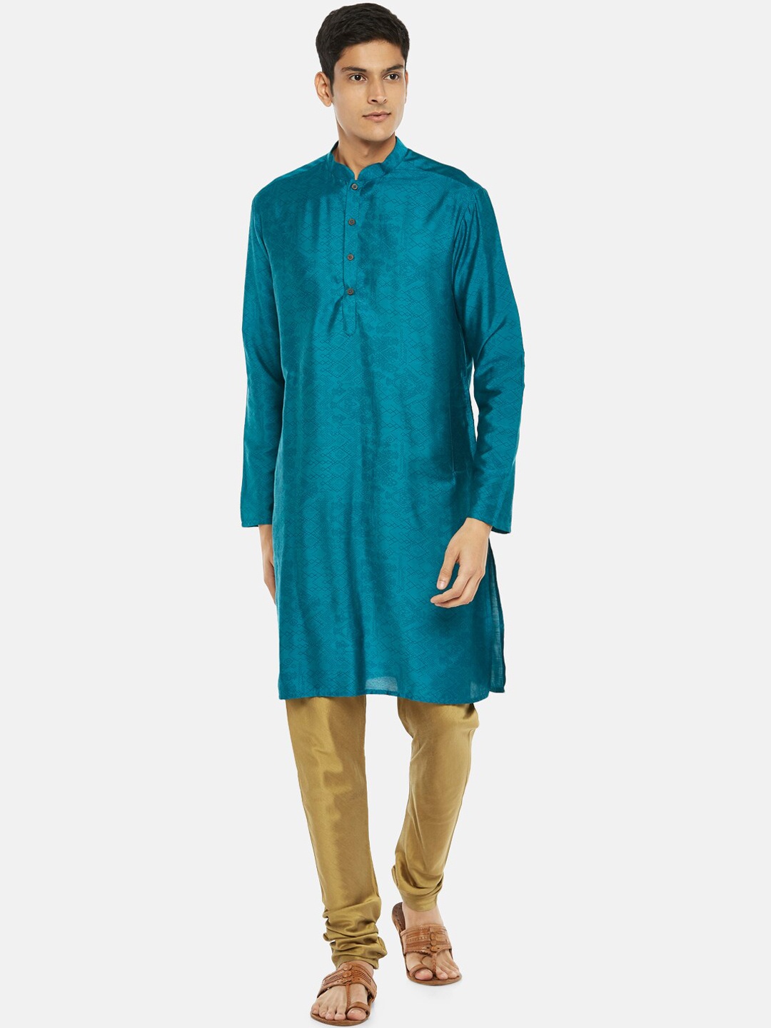 

indus route by Pantaloons Men Teal Blue Ethnic Motifs Print Straight Kurta