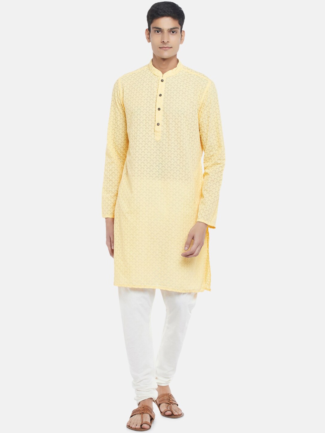 

indus route by Pantaloons Men Mustard Yellow Ethnic Motifs Chikankari Kurta