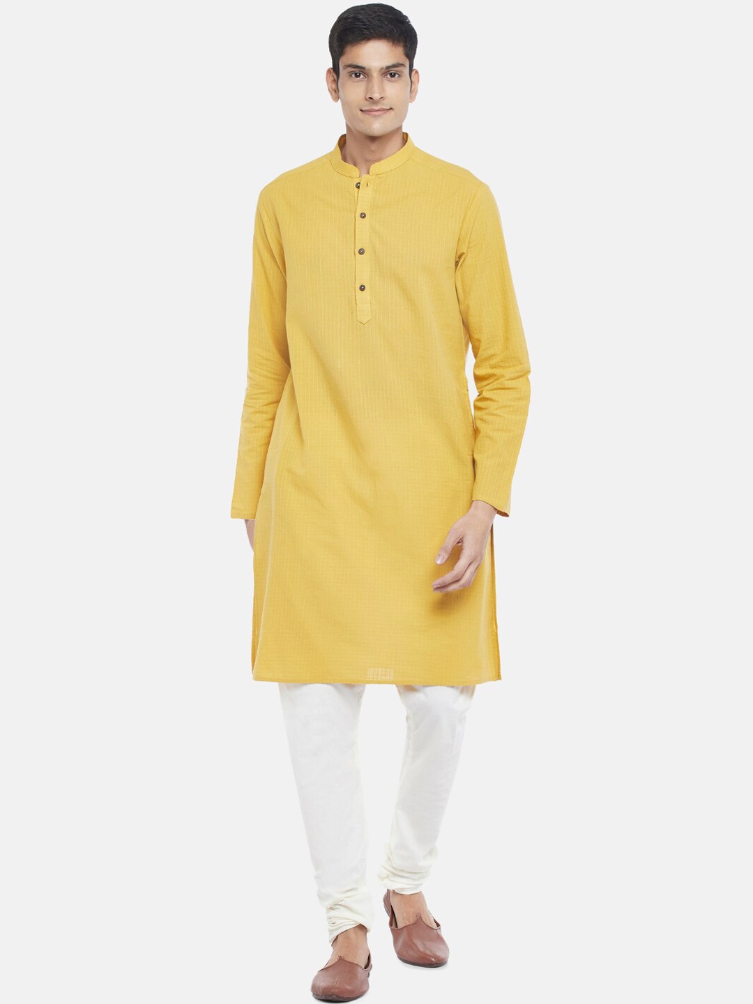 

indus route by Pantaloons Men Mustard Yellow Dobby Kurta