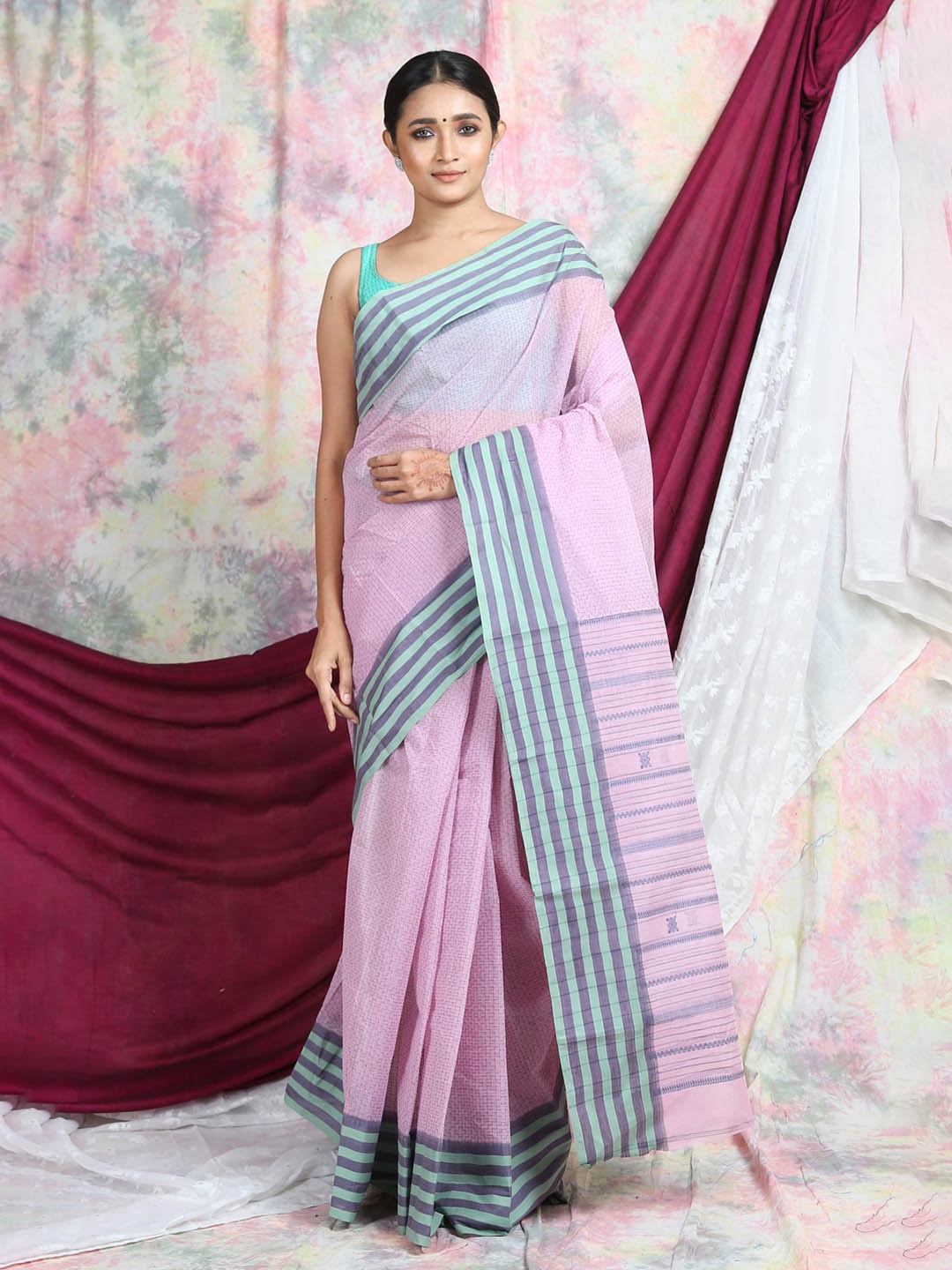 

Arhi Pink & Blue Striped Pure Cotton Taant Saree