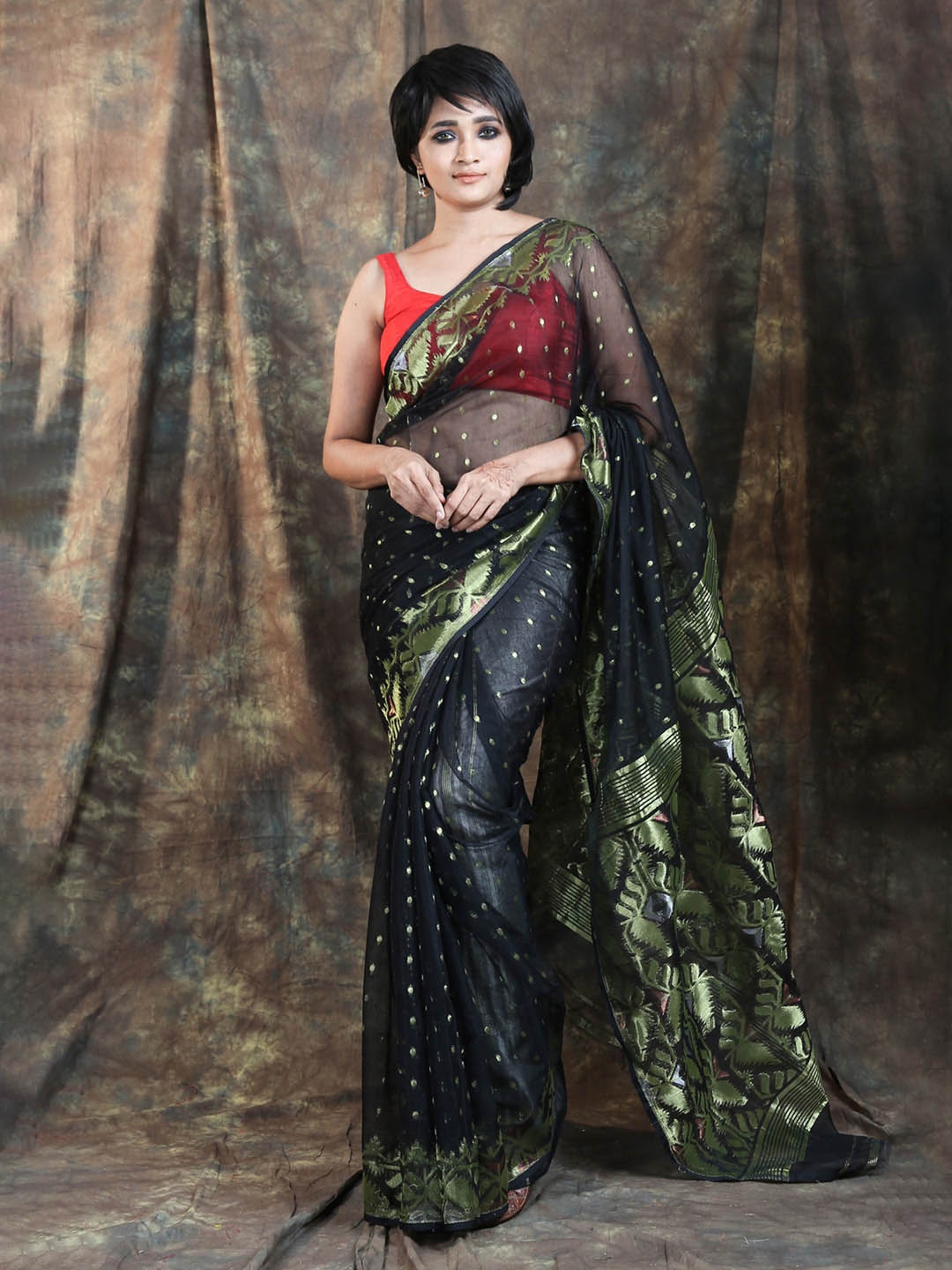 

Arhi Black & Gold-Toned Woven Design Silk Cotton Jamdani Saree