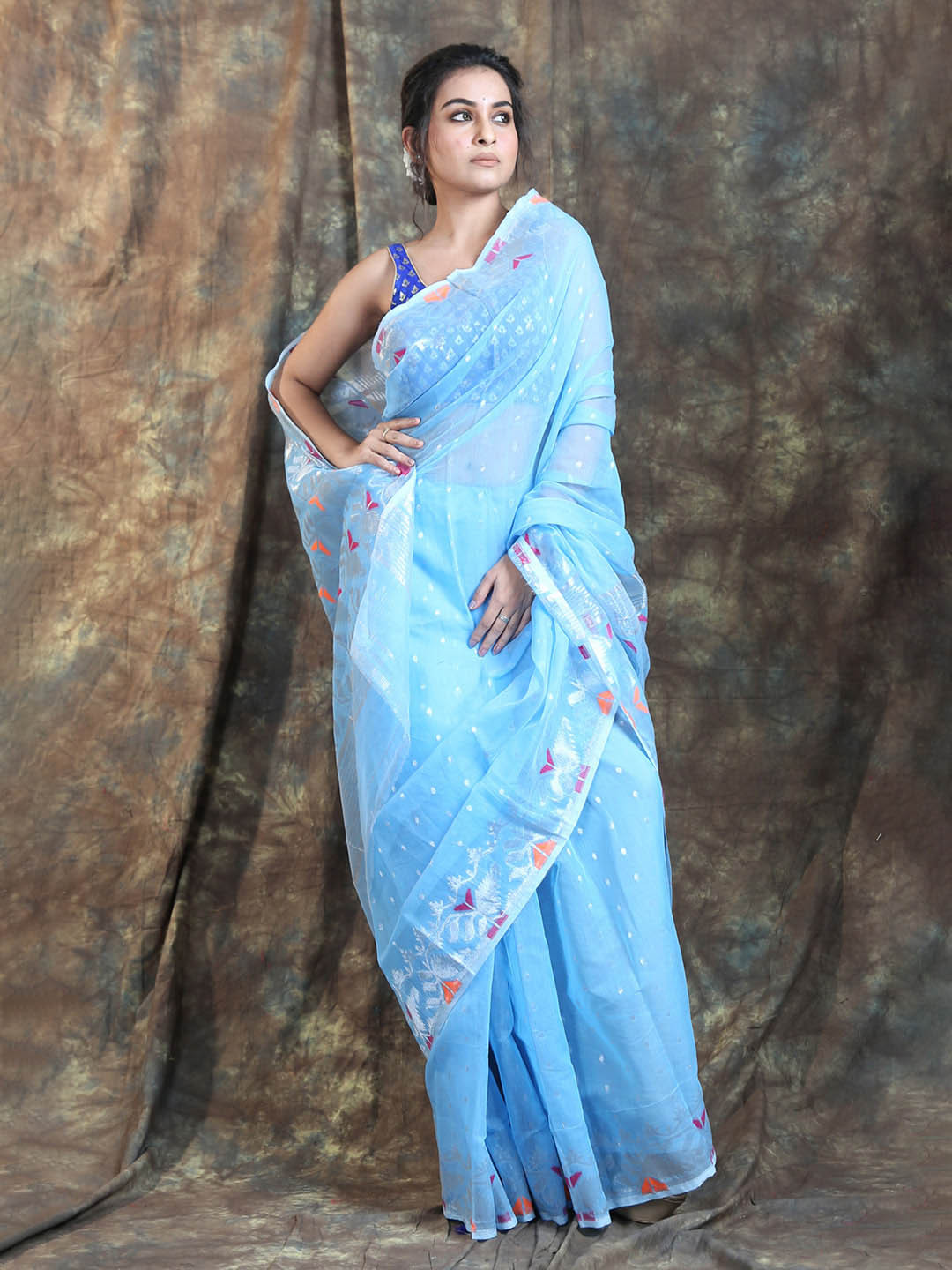 

Arhi Blue & Pink Woven Design Zari Silk Cotton Jamdani Saree