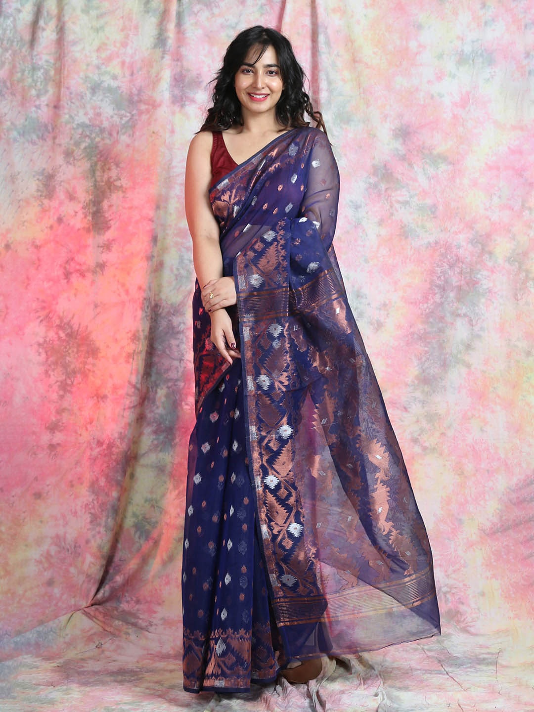 

Arhi Blue & Copper-Toned Zari Silk Cotton Jamdani Saree