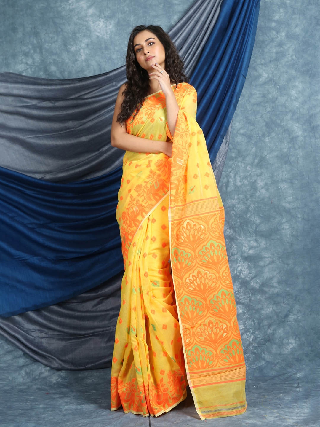 

Arhi Orange & Yellow Woven Design Silk Cotton Jamdani Saree