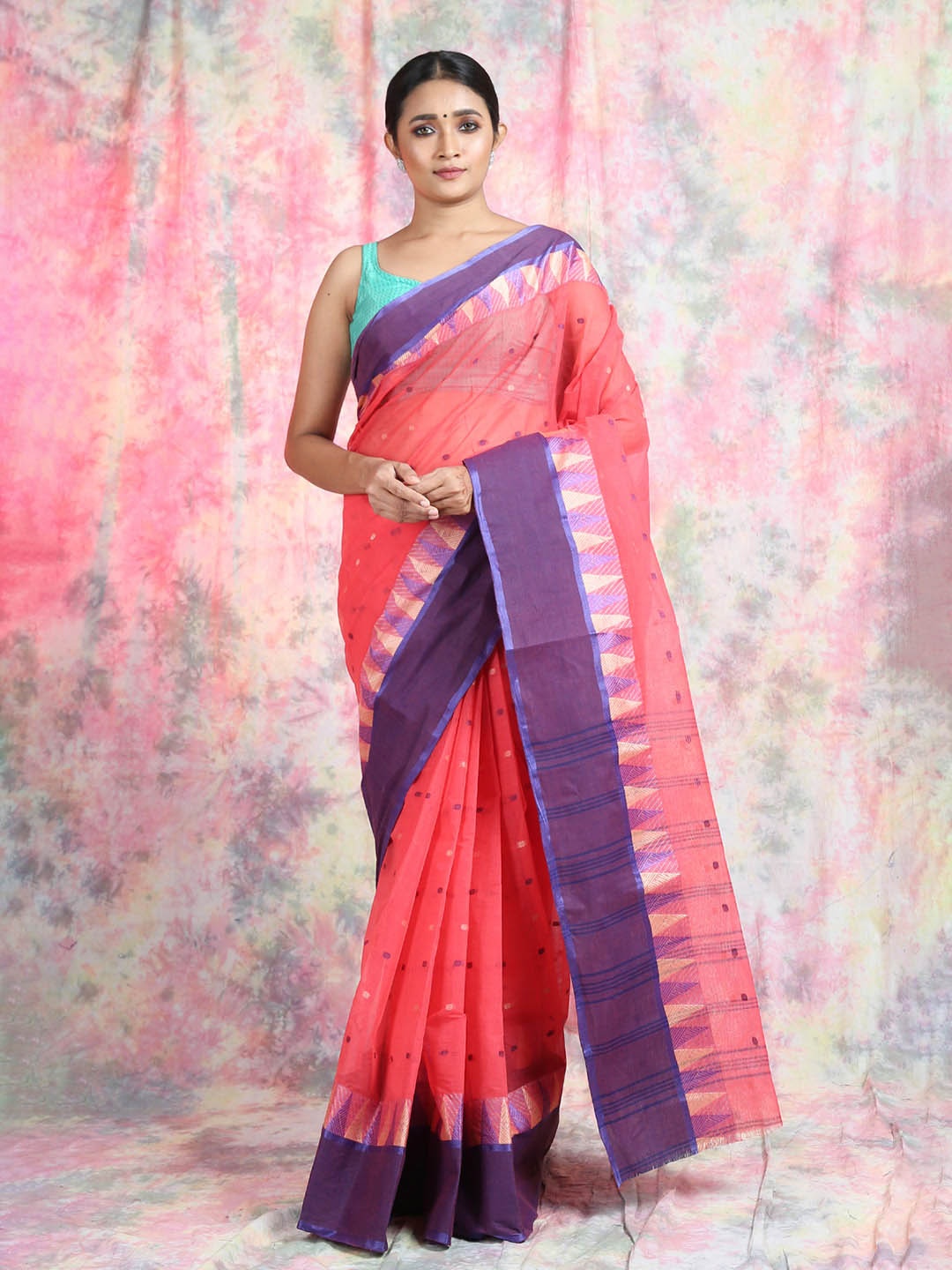 

Arhi Peach-Coloured & Purple Ethnic Motifs Pure Cotton Taant Saree