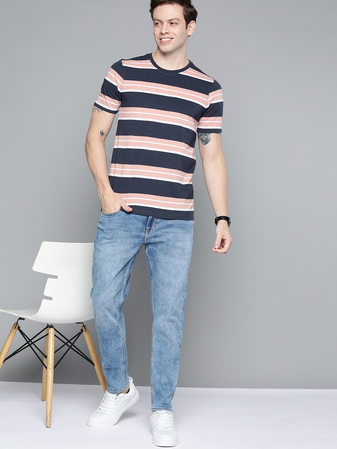 

Mast & Harbour Men Navy Blue & Peach-Coloured Striped T-shirt