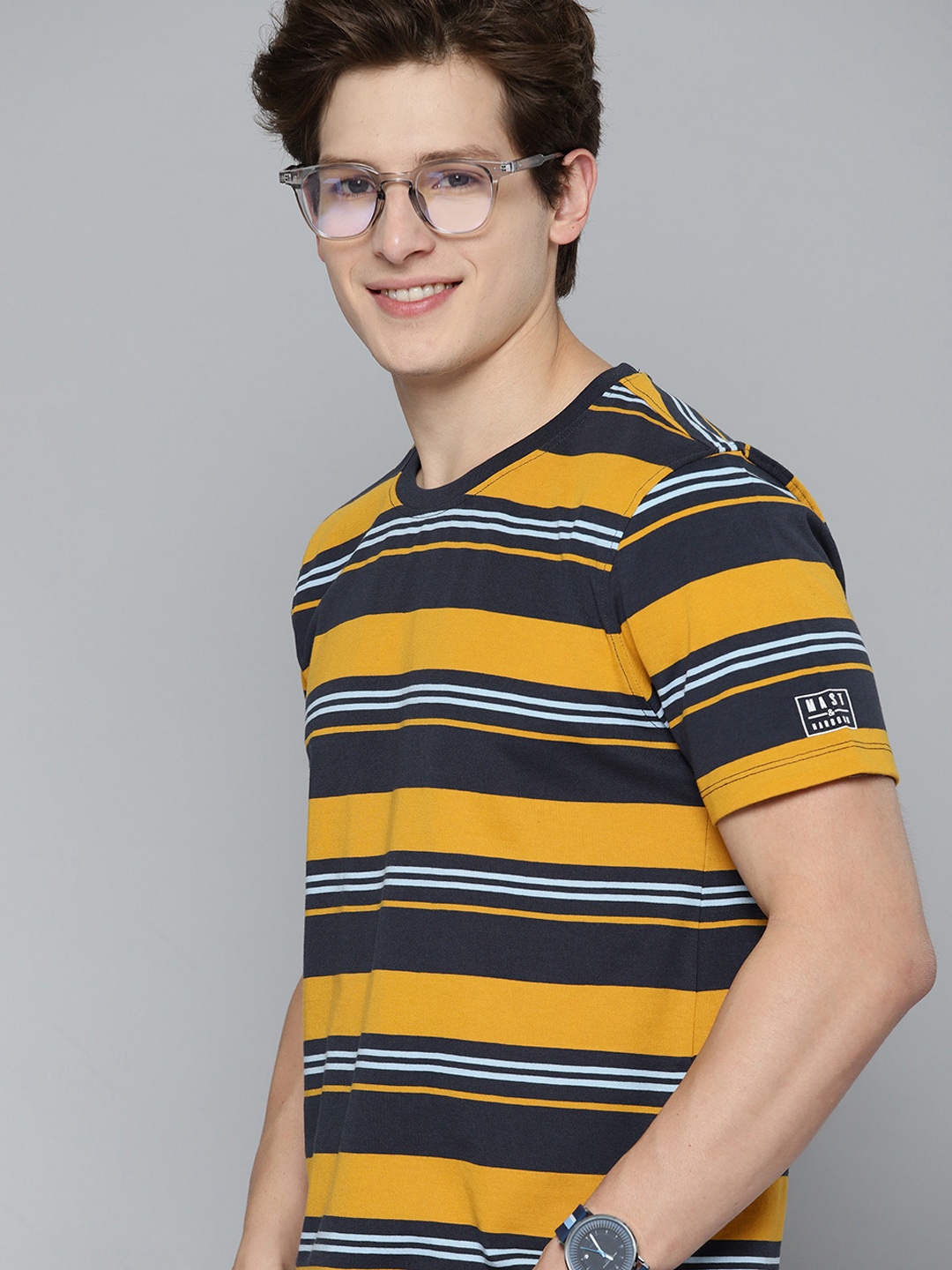 

Mast & Harbour Men Mustard Yellow & Navy Blue Striped T-shirt