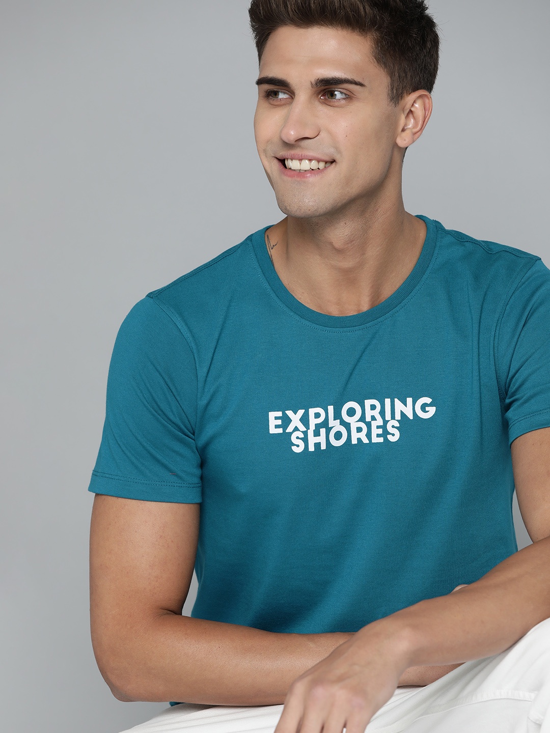 

Mast & Harbour Men Teal Blue & White Typography Printed T-shirt