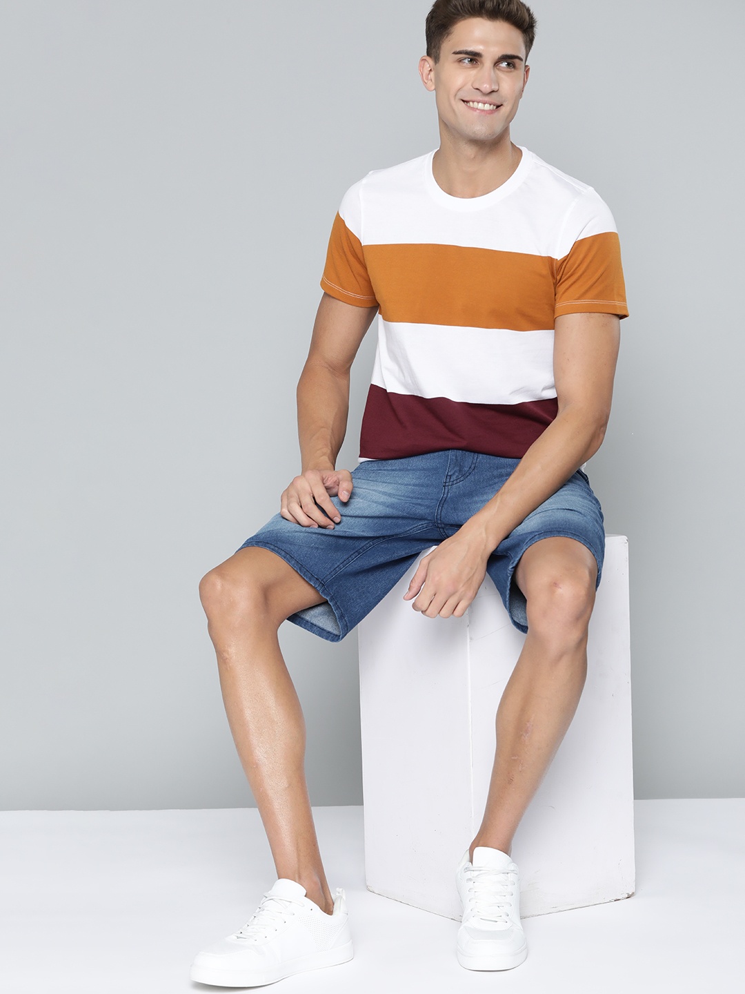 

Mast & Harbour Men White & Mustard Brown Striped T-shirt