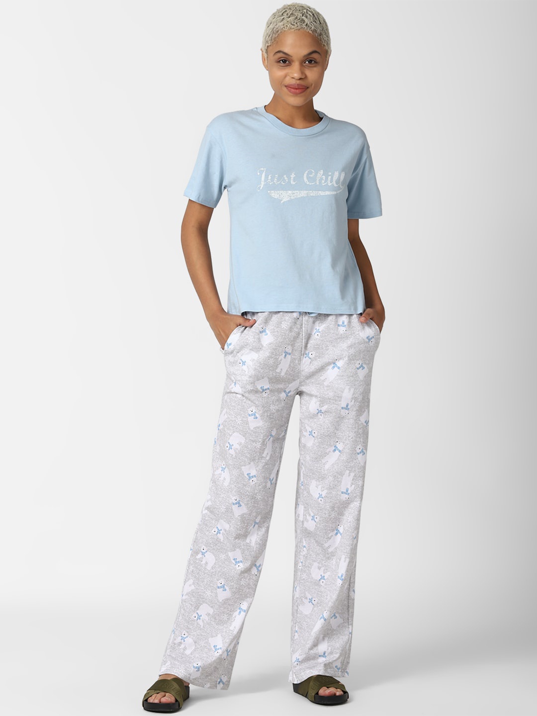 

FOREVER 21 Women Turquoise Blue & Grey Printed Cotton Night Suit