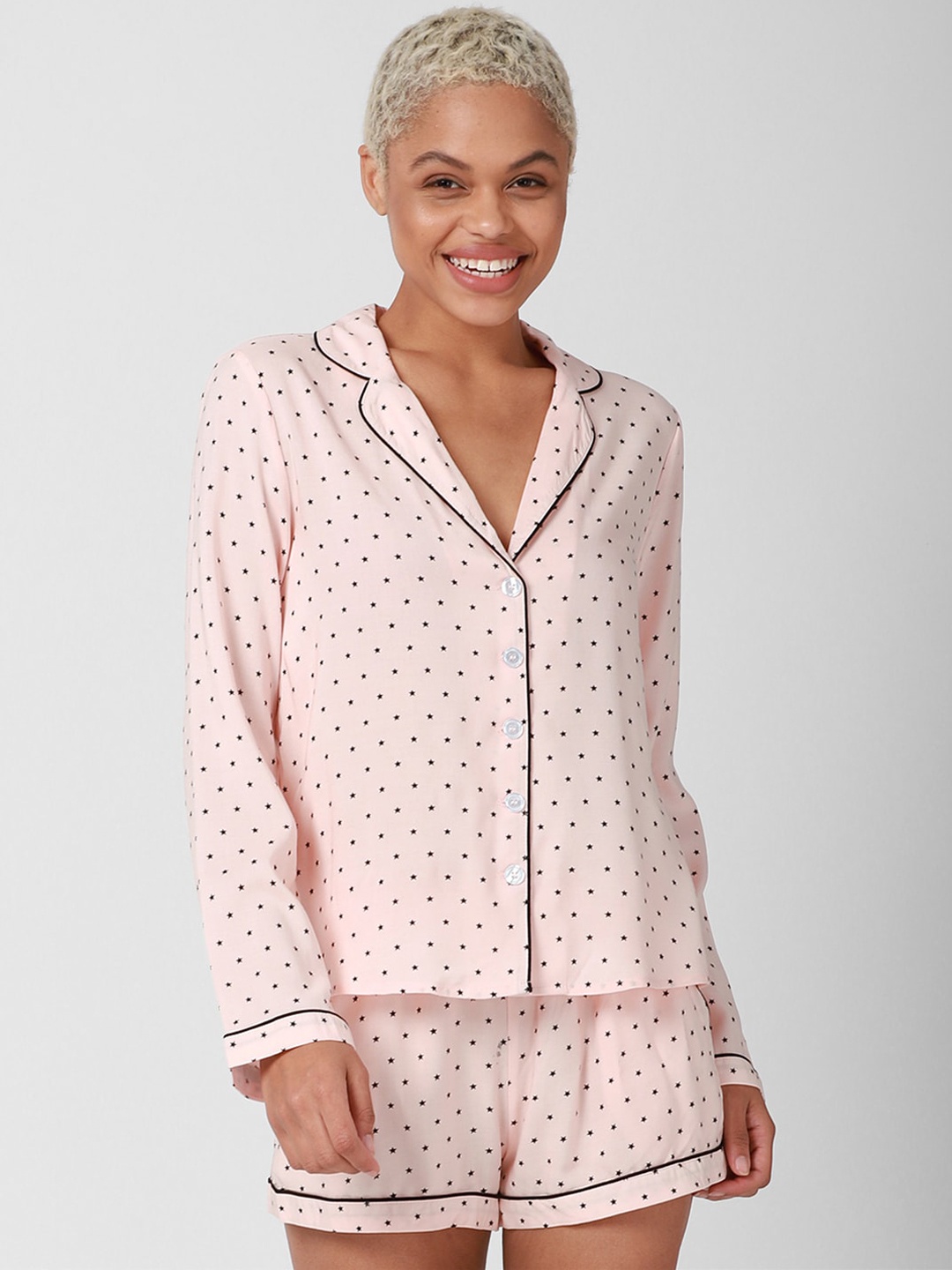 

FOREVER 21 Women Pink & Black Star Printed Night suit