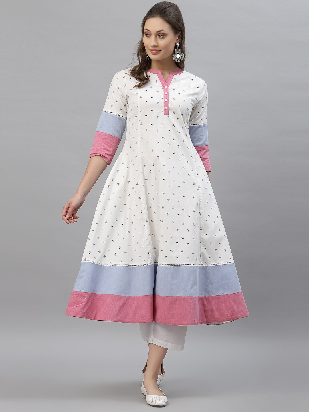 

Mode by Red Tape Women Off White & Pink Ethnic Printed Pure Cotton A-line Kurta